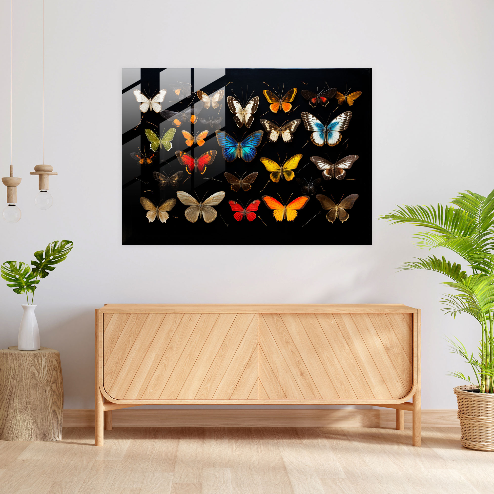 Dried Butterflies Glass Wall Art - Vibrant Symmetry - Dried Butterflies, Glass Art, Home Decoration, Modern Art