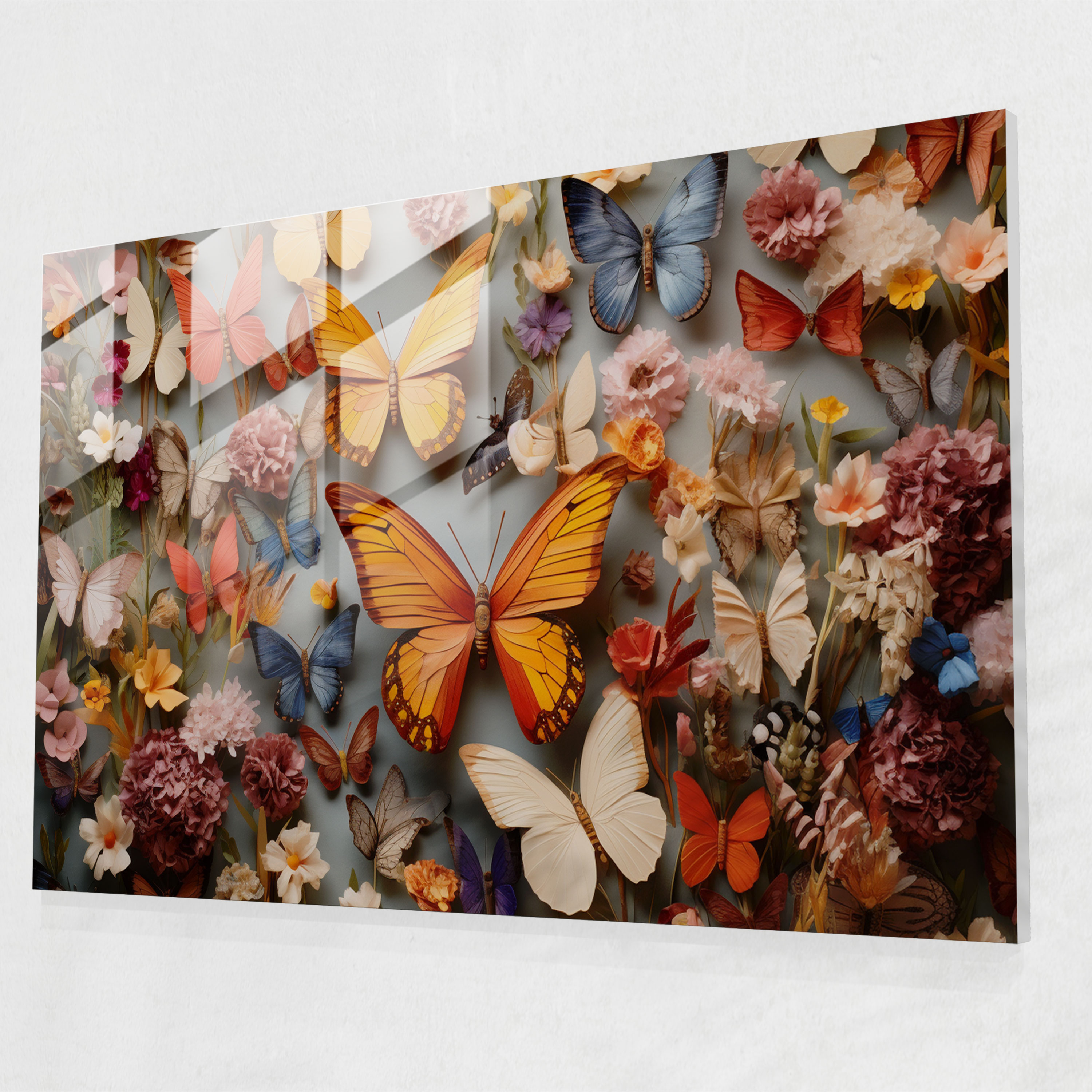 Dried Butterflies Serene Garden Glass Print - Dried Butterflies, Home Decoration, Glass Print, Dried Butterflies Photorealistic Collection