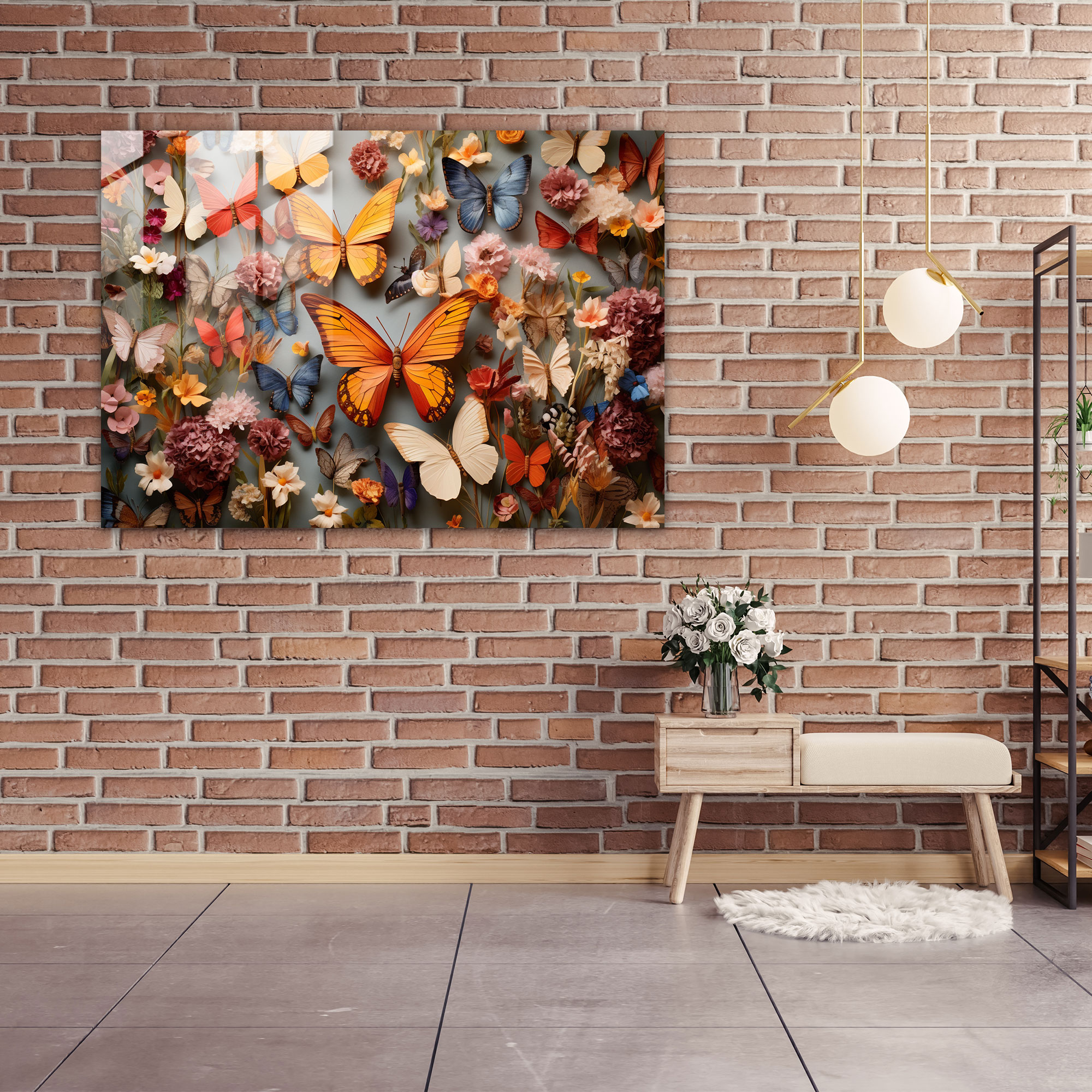 Dried Butterflies Serene Garden Glass Print - Dried Butterflies, Home Decoration, Glass Print, Dried Butterflies Photorealistic Collection