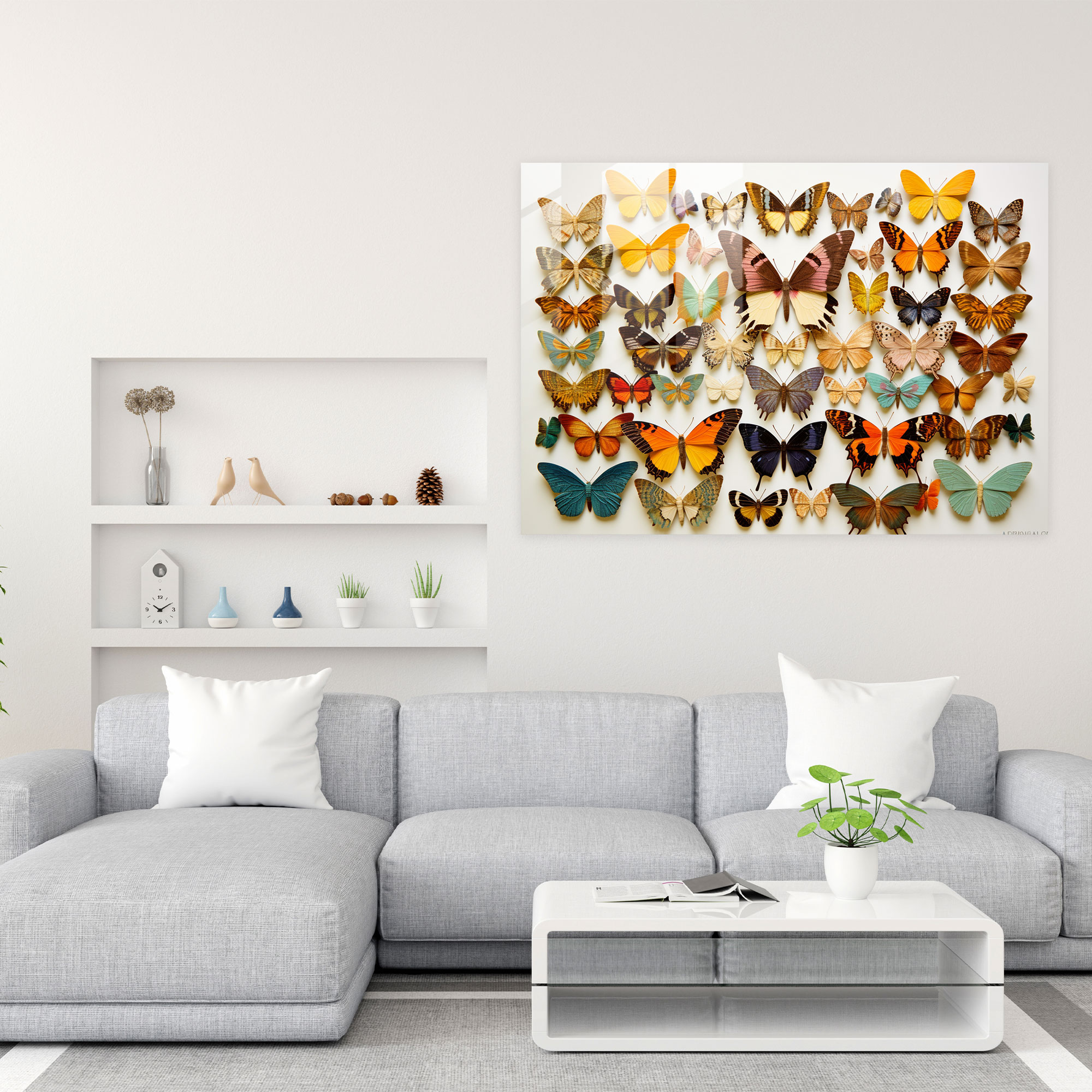 Vibrant Mosaic Of Dried Butterflies Glass Print - Dried Butterflies, Glass Art, Wall Decoration, Modern Art