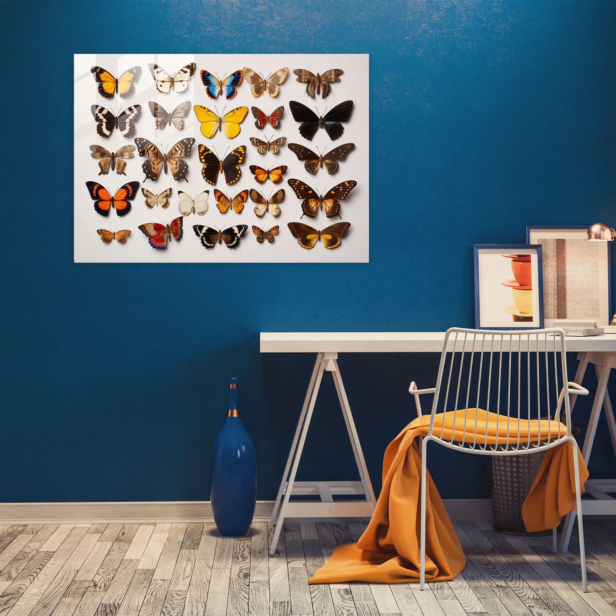 Vibrant Dried Butterflies Glass Wall Art - Dried Butterflies, Home Decoration, Vibrant Colors, Glass Wall Art