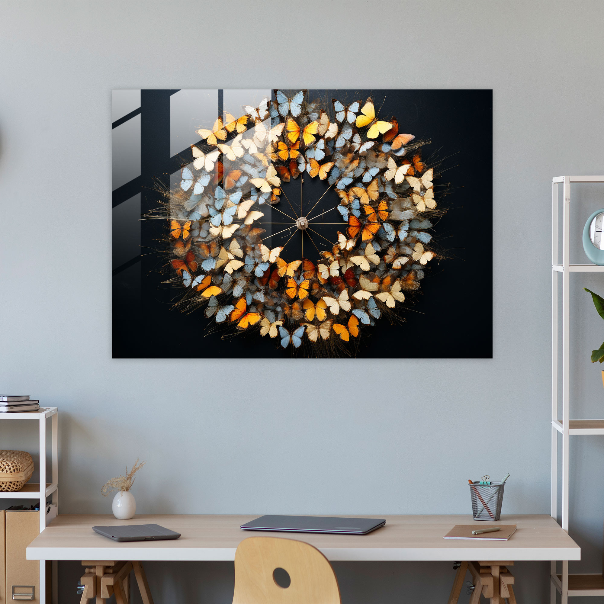 Kaleidoscope Of Dried Butterflies Glass Print - Dried Butterflies, Captivating Beauty, Glass Print, Modern Art