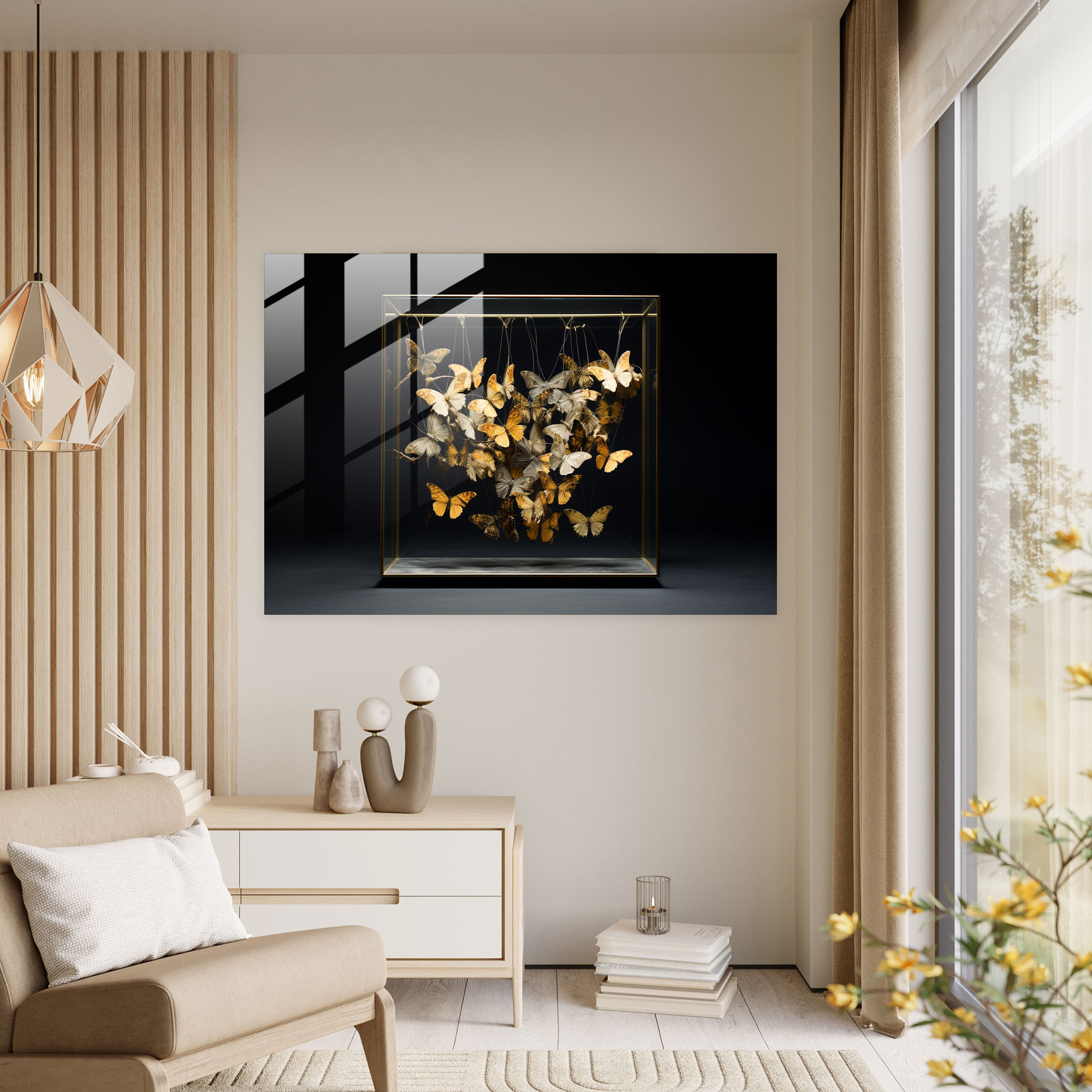 Dried Butterflies In Glass Frame Glass Art - Dried Butterflies, Mesmerizing Atmosphere, Wall Decoration, Glass Print