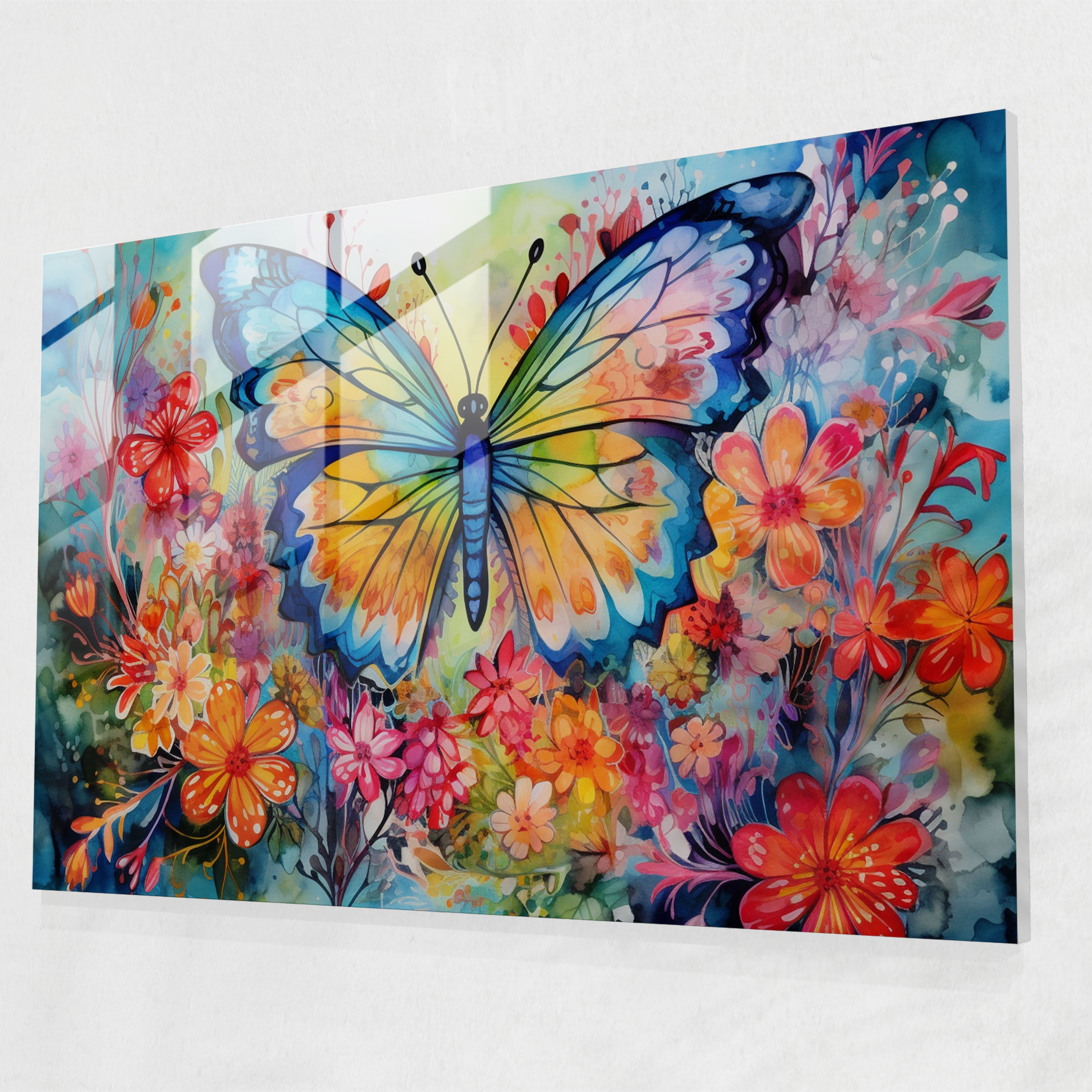 Butterflies Glass Print - Dried Butterflies, Glass Art, Wall Decoration, Colorful Flowers