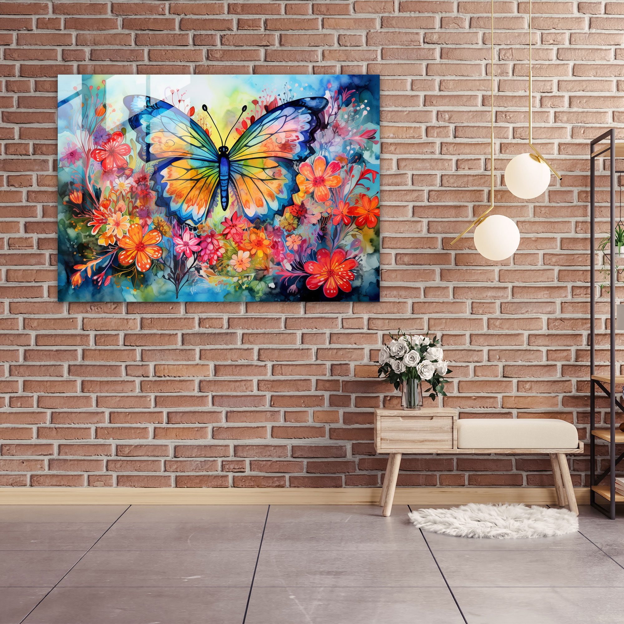 Butterflies Glass Print - Dried Butterflies, Glass Art, Wall Decoration, Colorful Flowers