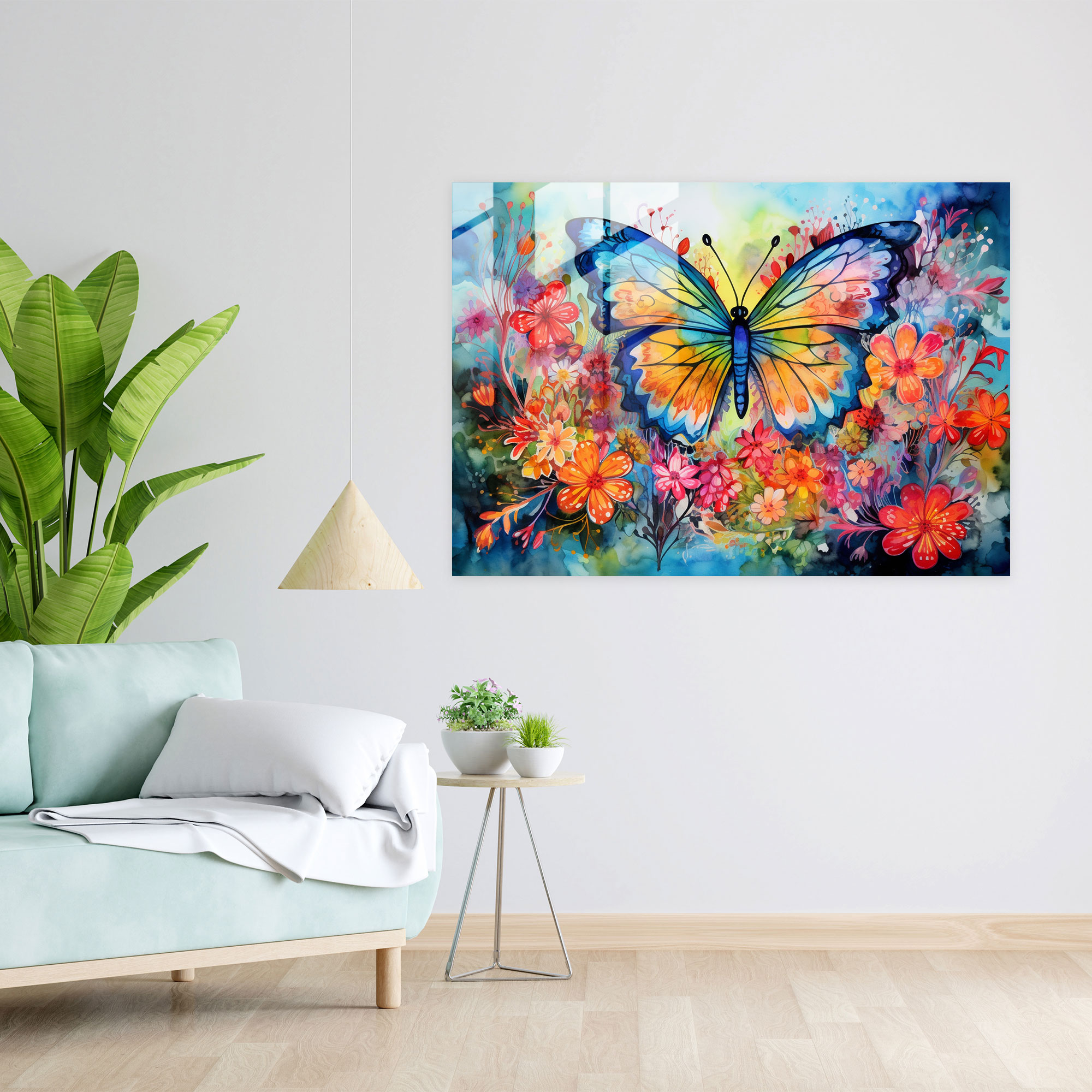 Butterflies Glass Print - Dried Butterflies, Glass Art, Wall Decoration, Colorful Flowers