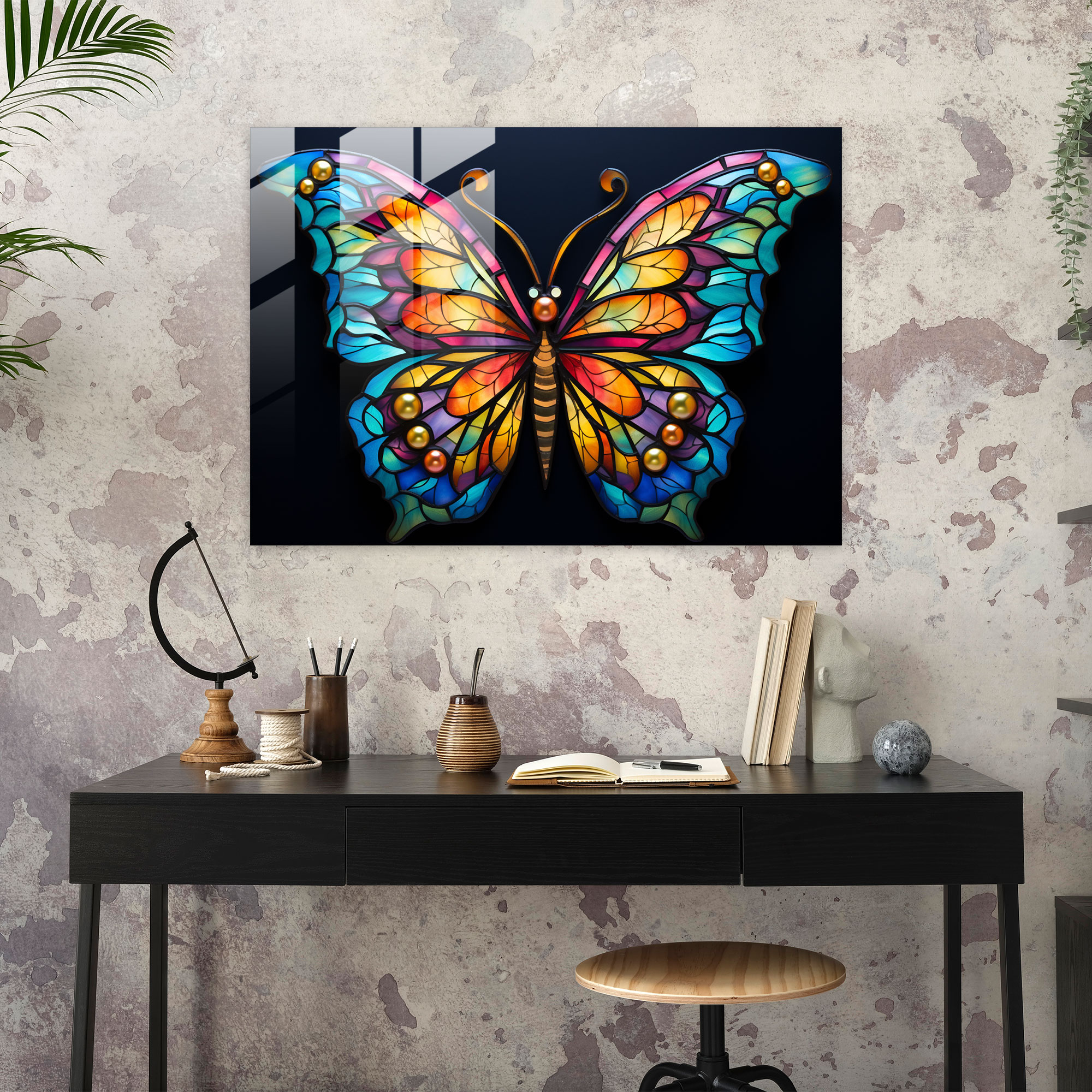 Iridescent Butterflies Glass Wall Art - Dried Butterflies, Home Decoration, Stained Glass Mosaic, Glass Art