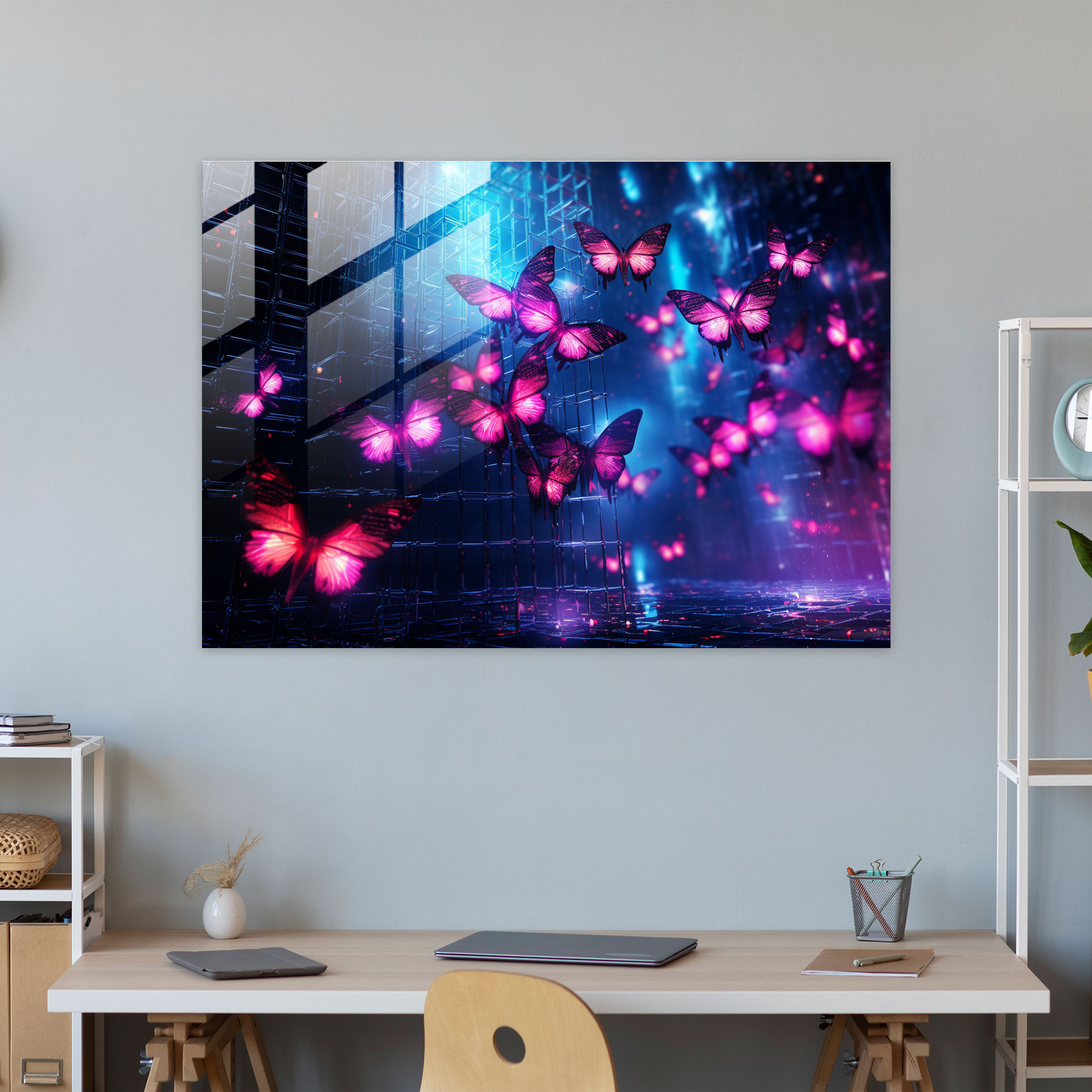 Futuristic Butterflies Glass Print - Dried Butterflies, Wall Decoration, Futuristic Digital Art, Butterflies