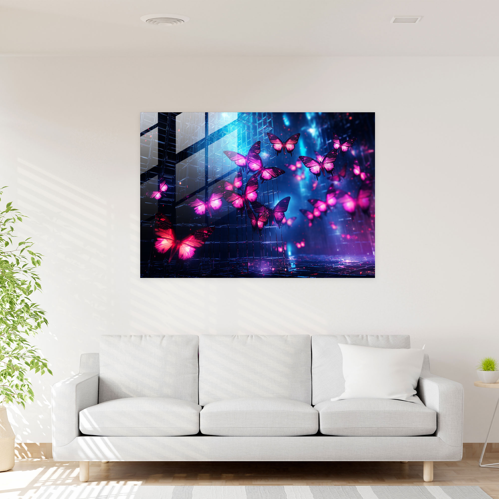 Futuristic Butterflies Glass Print - Dried Butterflies, Wall Decoration, Futuristic Digital Art, Butterflies