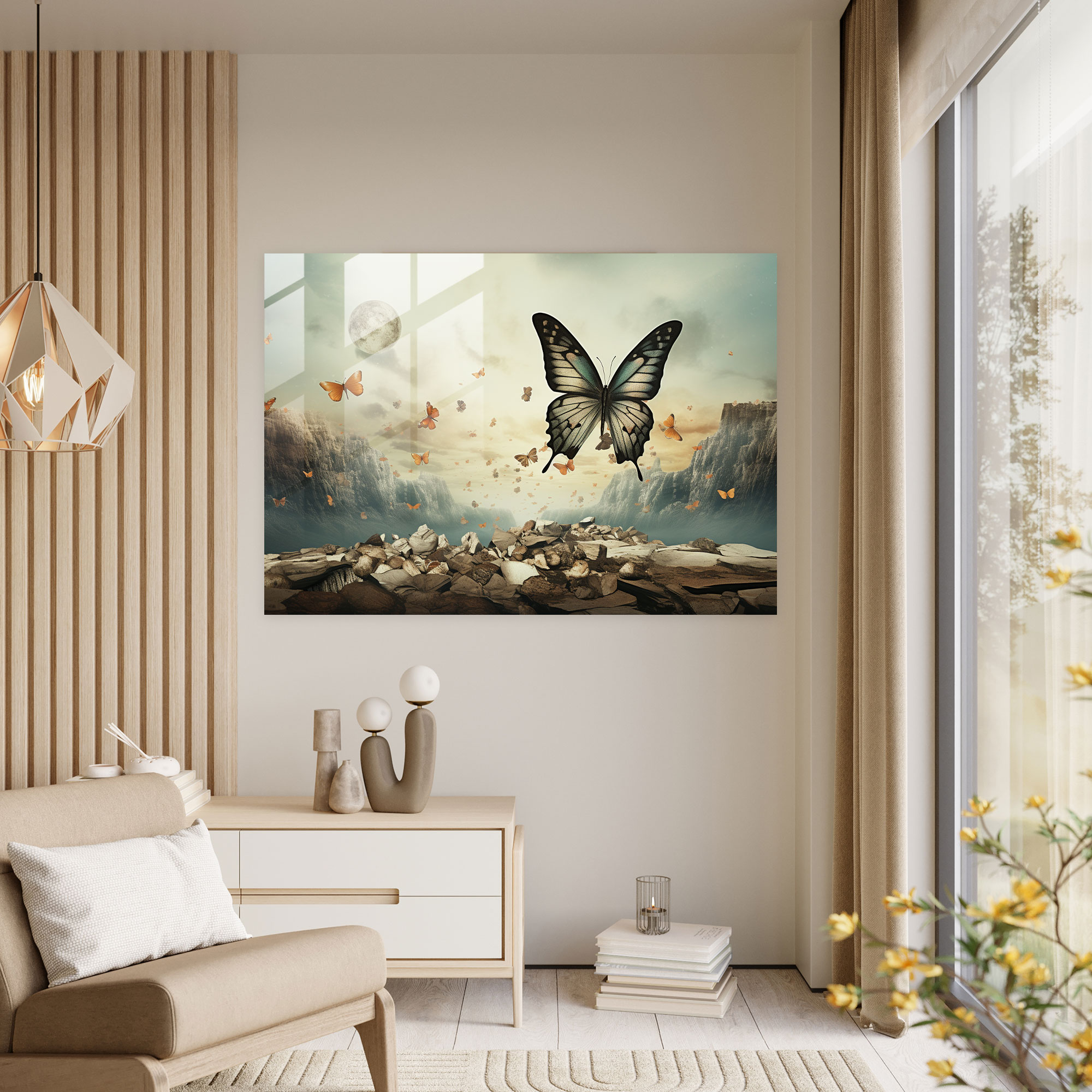 Transformational Butterflies Glass Print - Dried Butterflies, Dreamlike Backdrop, Glass Wall Art, Transformational Symbolism