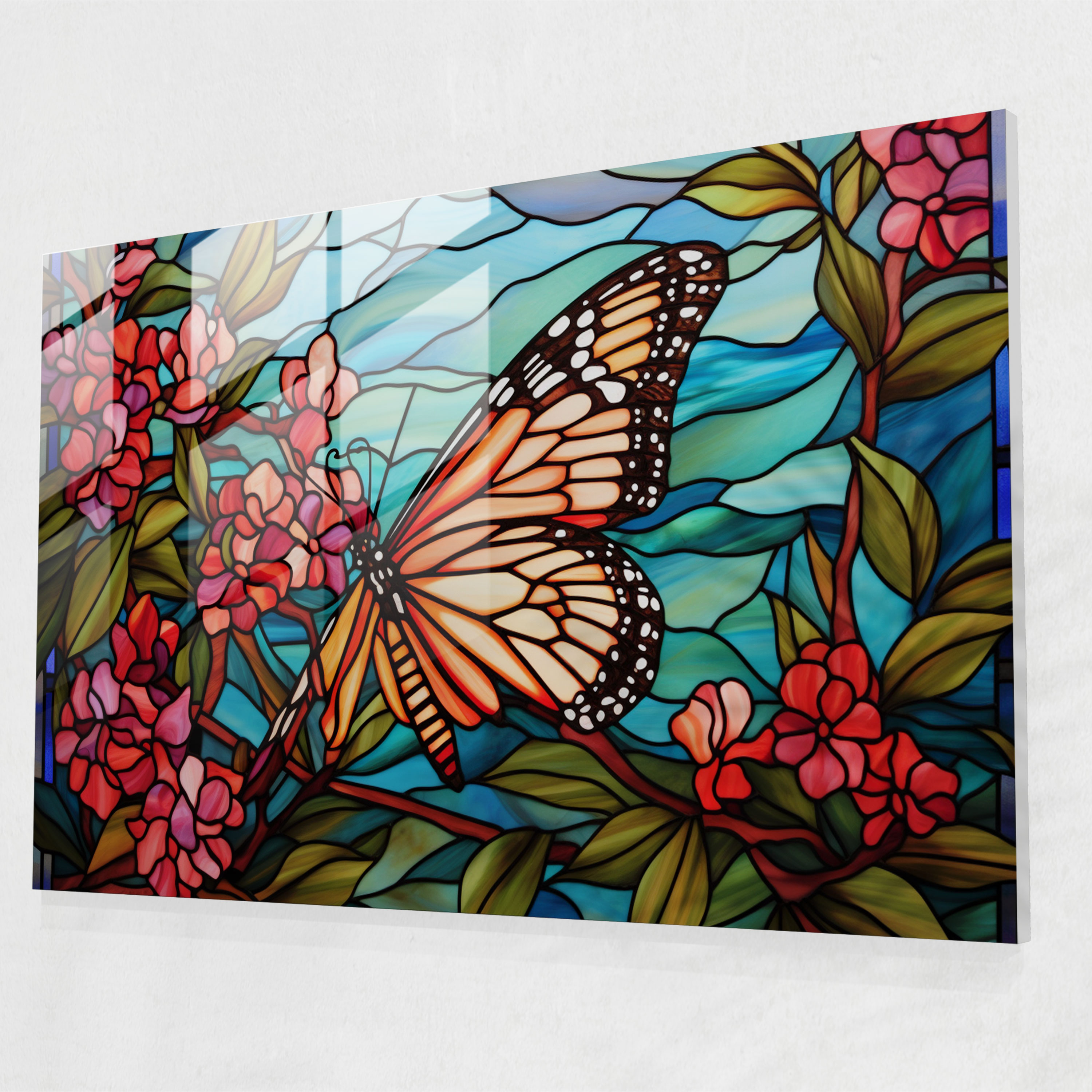Butterflies Stained Glass Wall Art - Dried Butterflies, Vibrant Colors, Modern Art, Blooming Flower