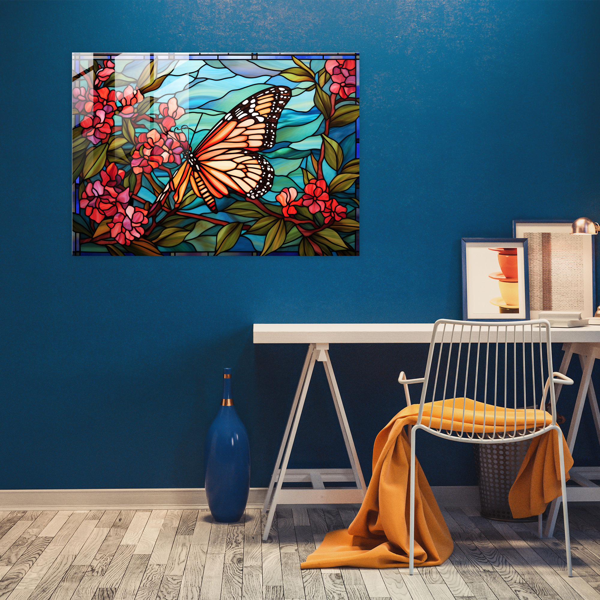 Butterflies Stained Glass Wall Art - Dried Butterflies, Vibrant Colors, Modern Art, Blooming Flower