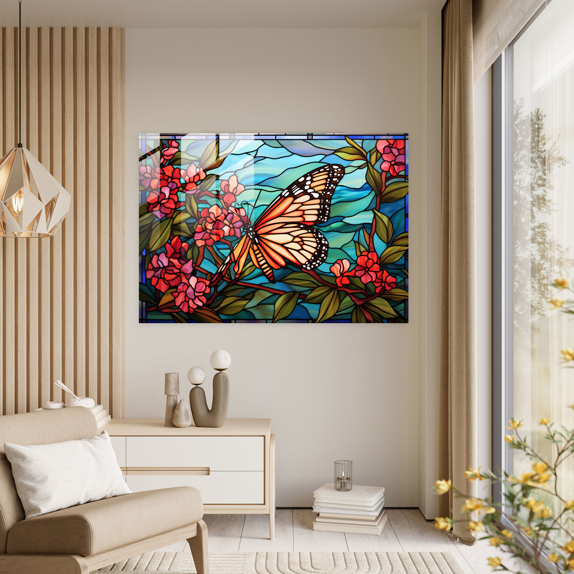 Butterflies Stained Glass Wall Art - Dried Butterflies, Vibrant Colors, Modern Art, Blooming Flower
