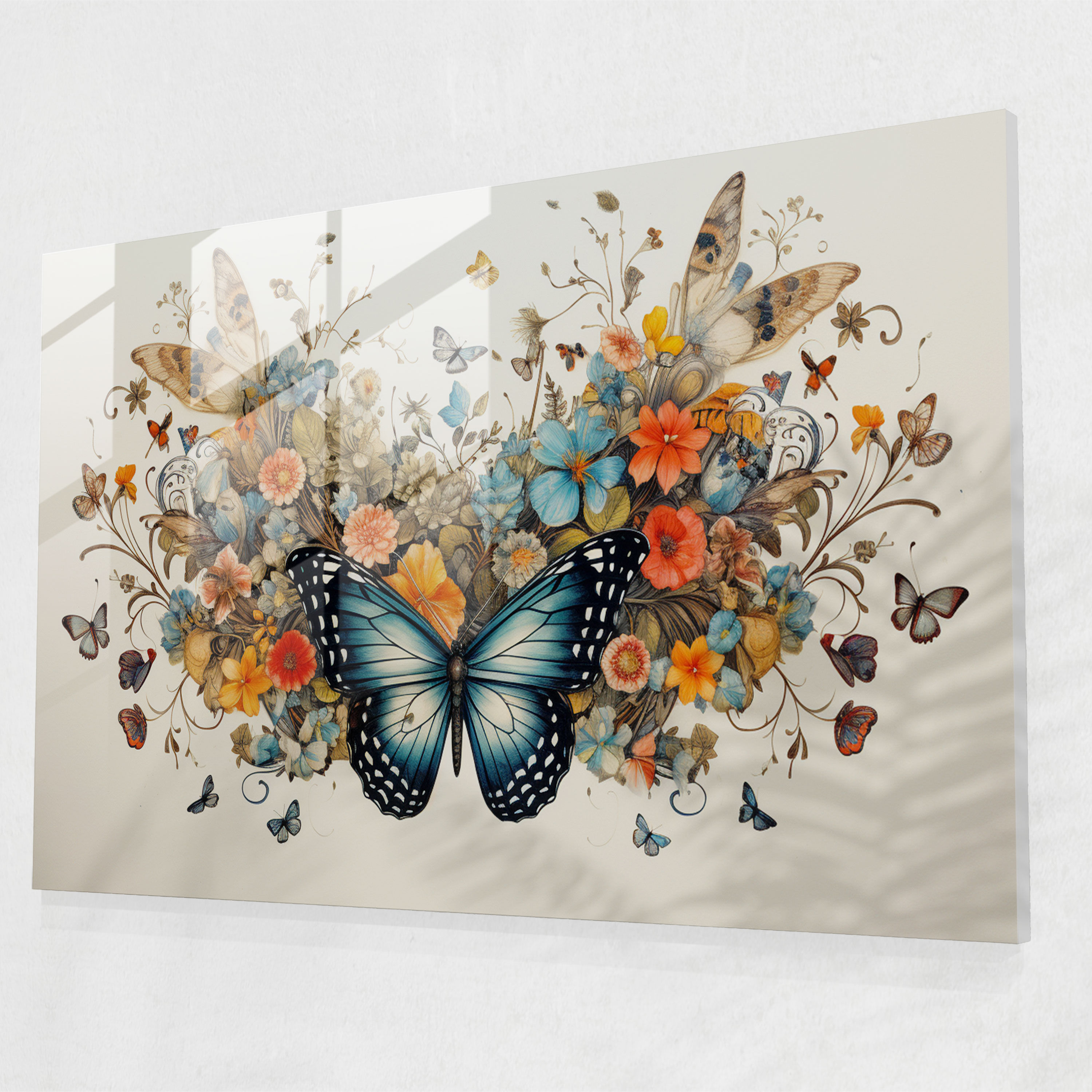 Whimsical Butterfly Glass Print - Dried Butterflies, Delicate Flowers, Tiny Crown, Glass Wall Art
