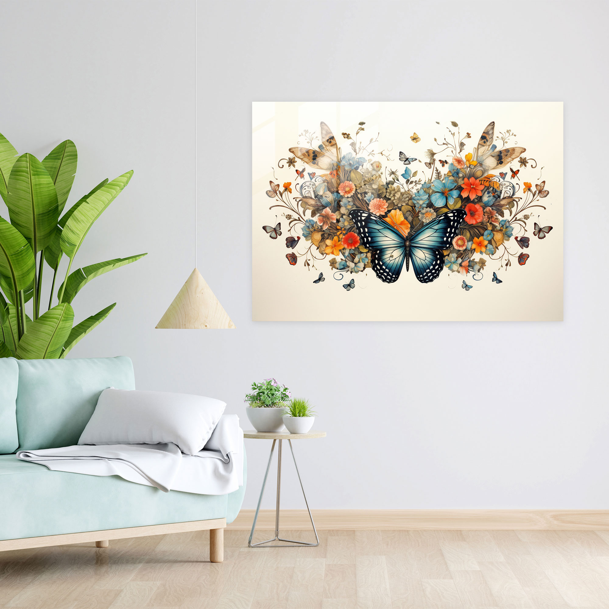 Whimsical Butterfly Glass Print - Dried Butterflies, Delicate Flowers, Tiny Crown, Glass Wall Art