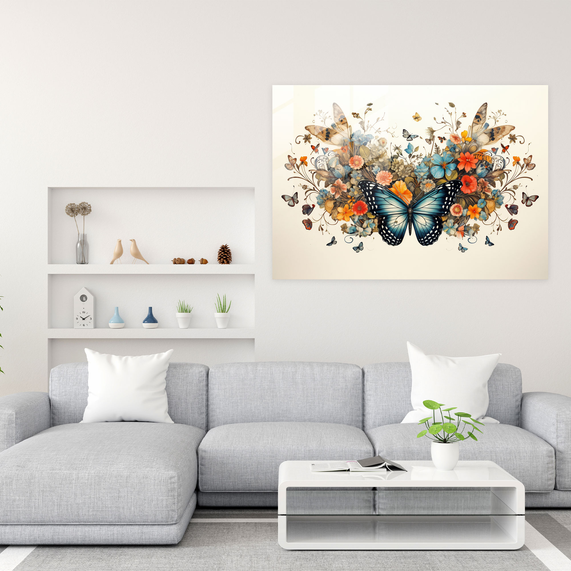Whimsical Butterfly Glass Print - Dried Butterflies, Delicate Flowers, Tiny Crown, Glass Wall Art