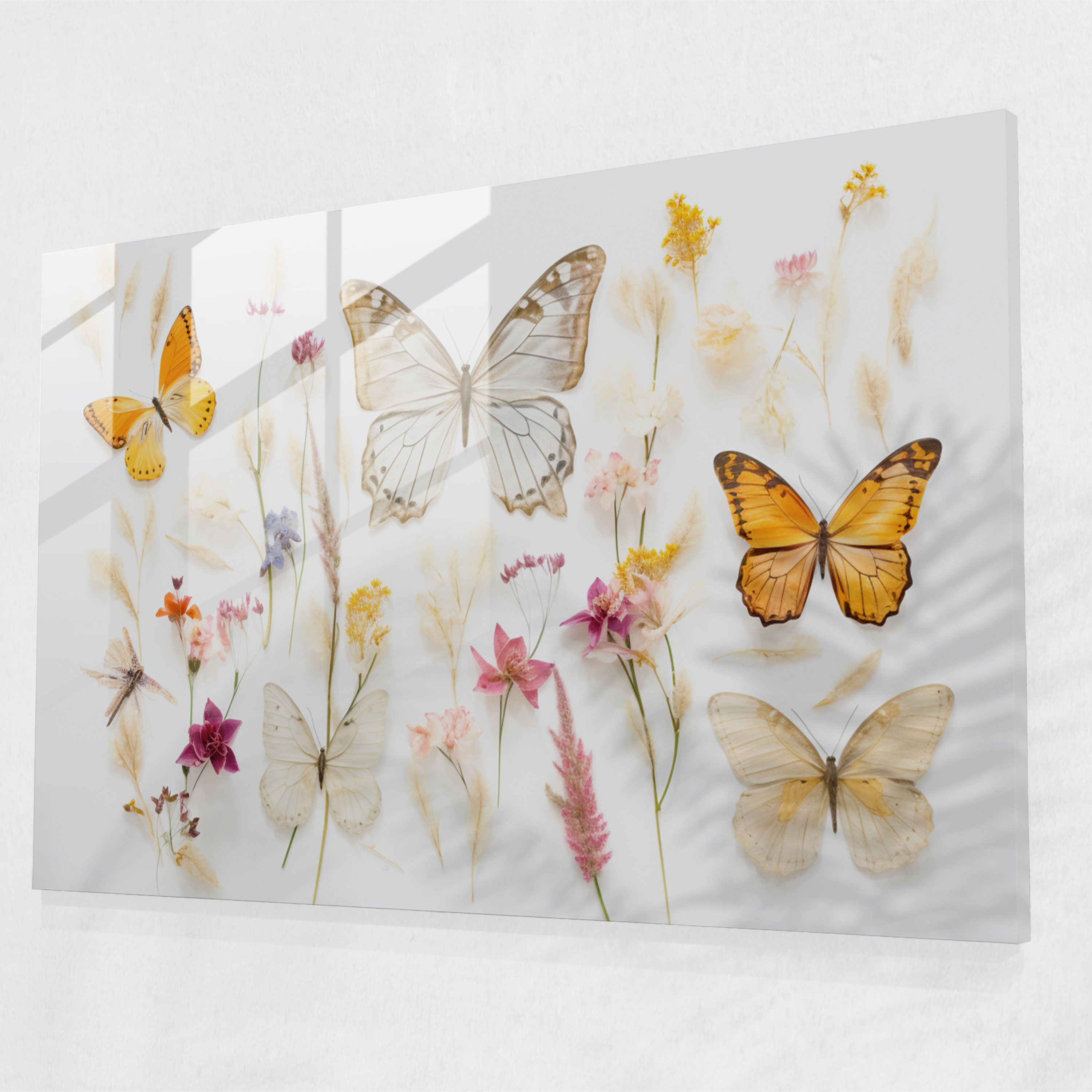 Pressed Flowers Butterfly Glass Art - Dried Butterflies, Serenity, Home Decoration, Delicate Butterflies