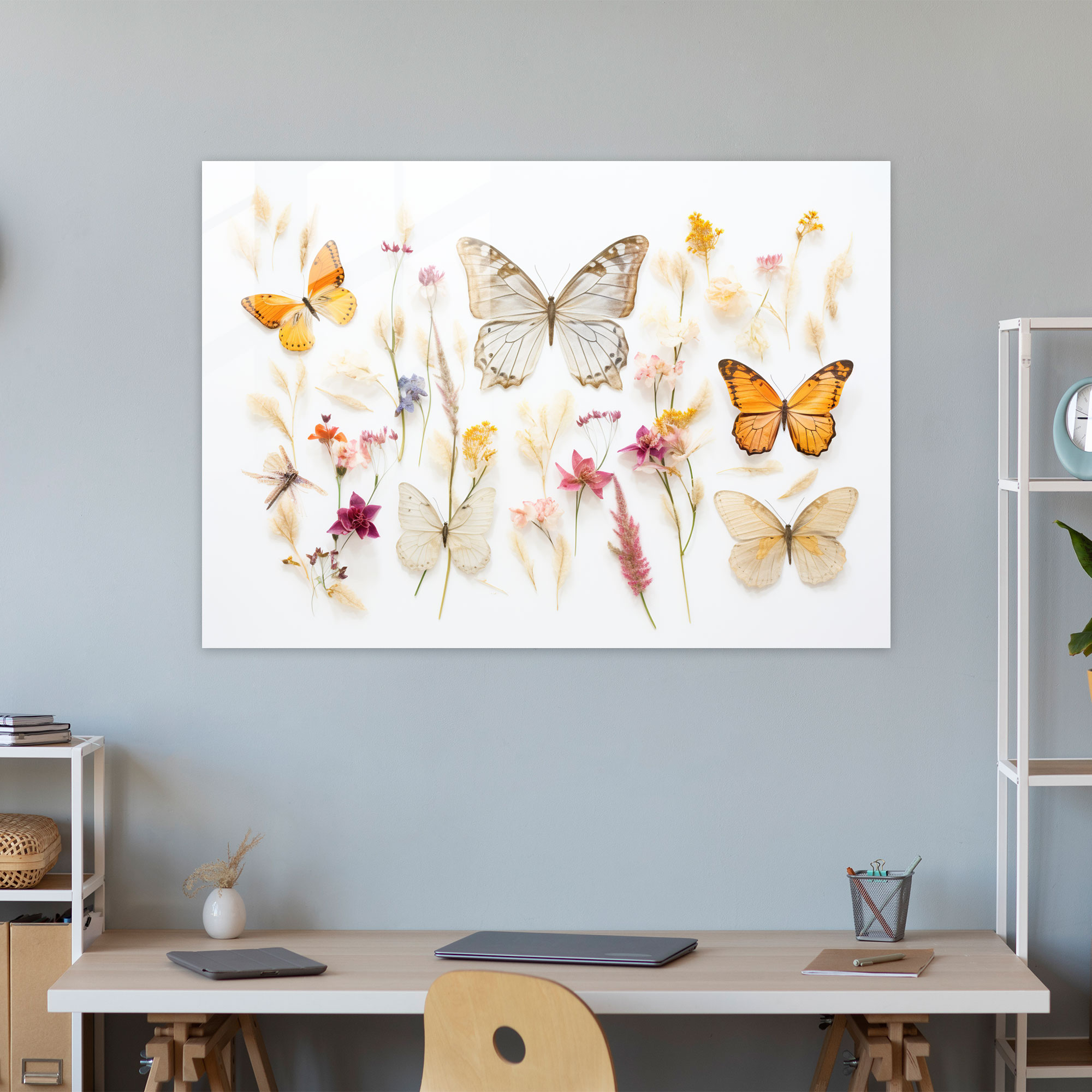 Pressed Flowers Butterfly Glass Art - Dried Butterflies, Serenity, Home Decoration, Delicate Butterflies
