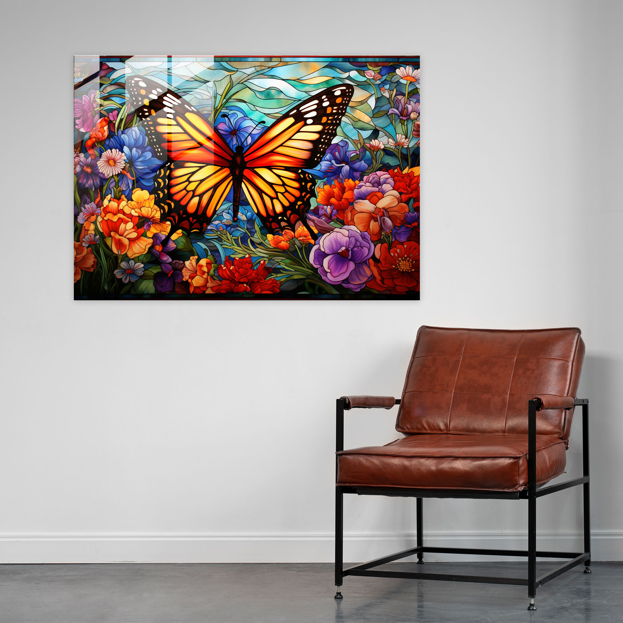 Stained Glass Butterfly Wall Art - Dried Butterflies, Modern Art, Stained Glass Design, Blooming Flowers