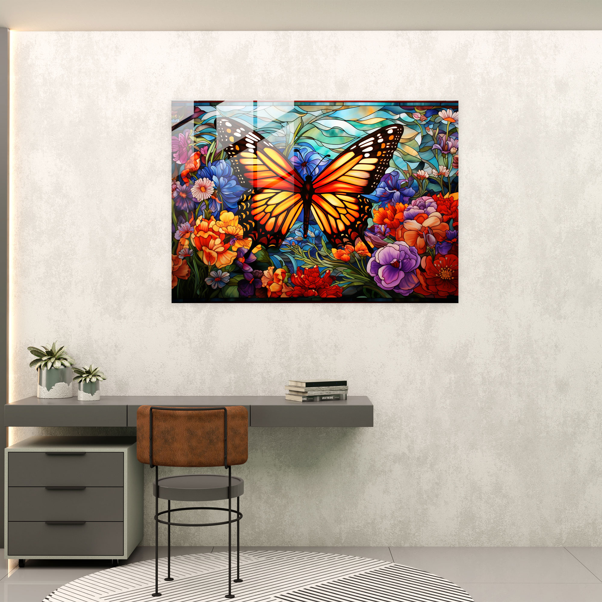 Stained Glass Butterfly Wall Art - Dried Butterflies, Modern Art, Stained Glass Design, Blooming Flowers
