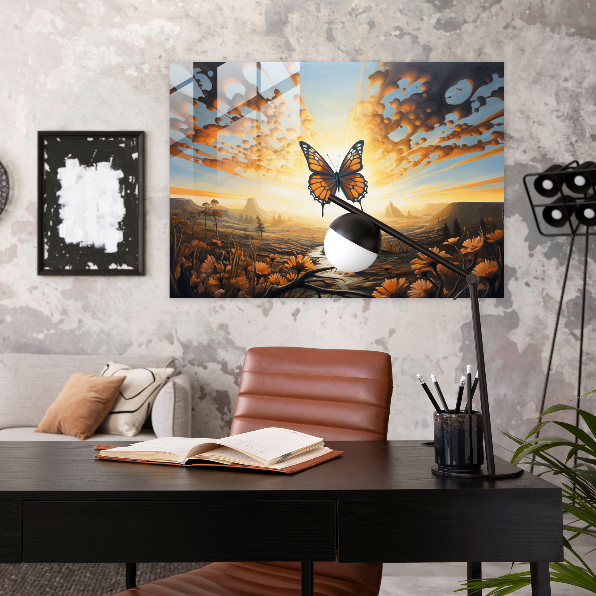 Glasbild mit traumhaften Schmetterlingen - Getrocknete Schmetterlinge Wanddekoration Glaskunst traumhafte Landschaft