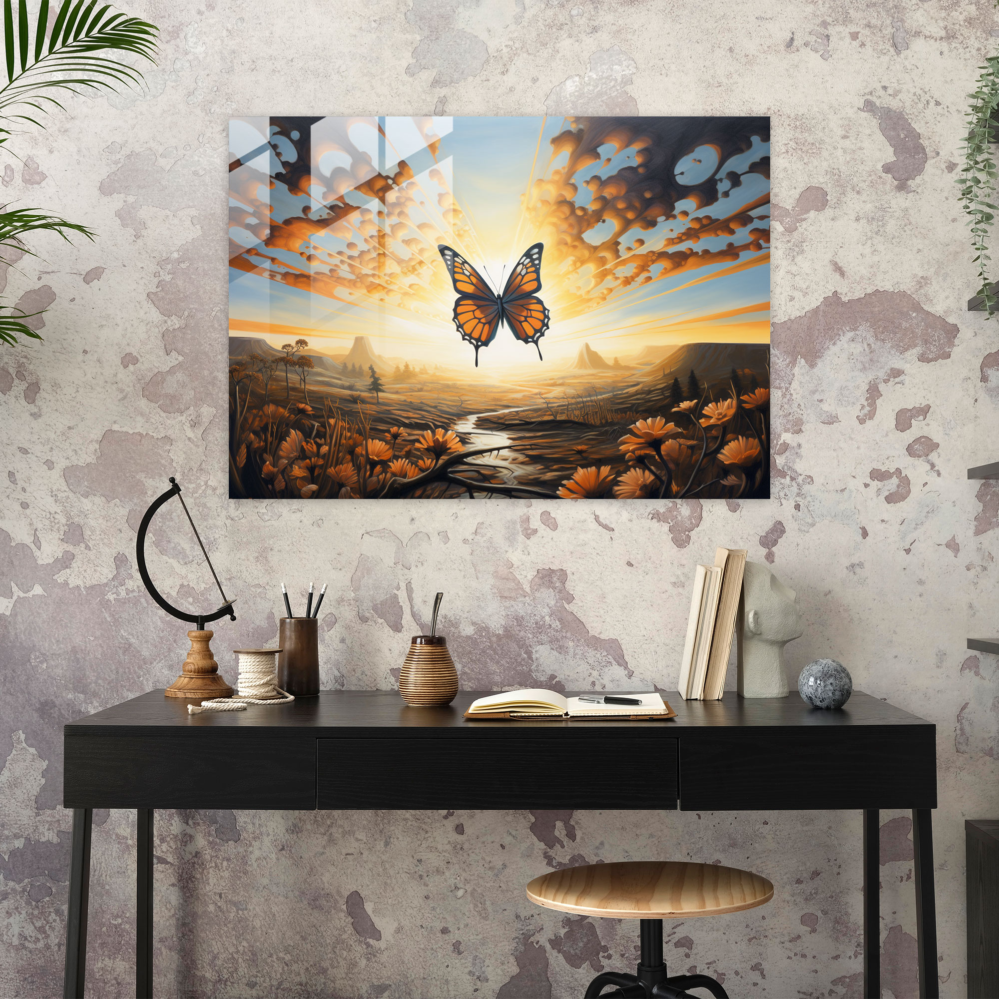 Glasbild mit traumhaften Schmetterlingen - Getrocknete Schmetterlinge Wanddekoration Glaskunst traumhafte Landschaft