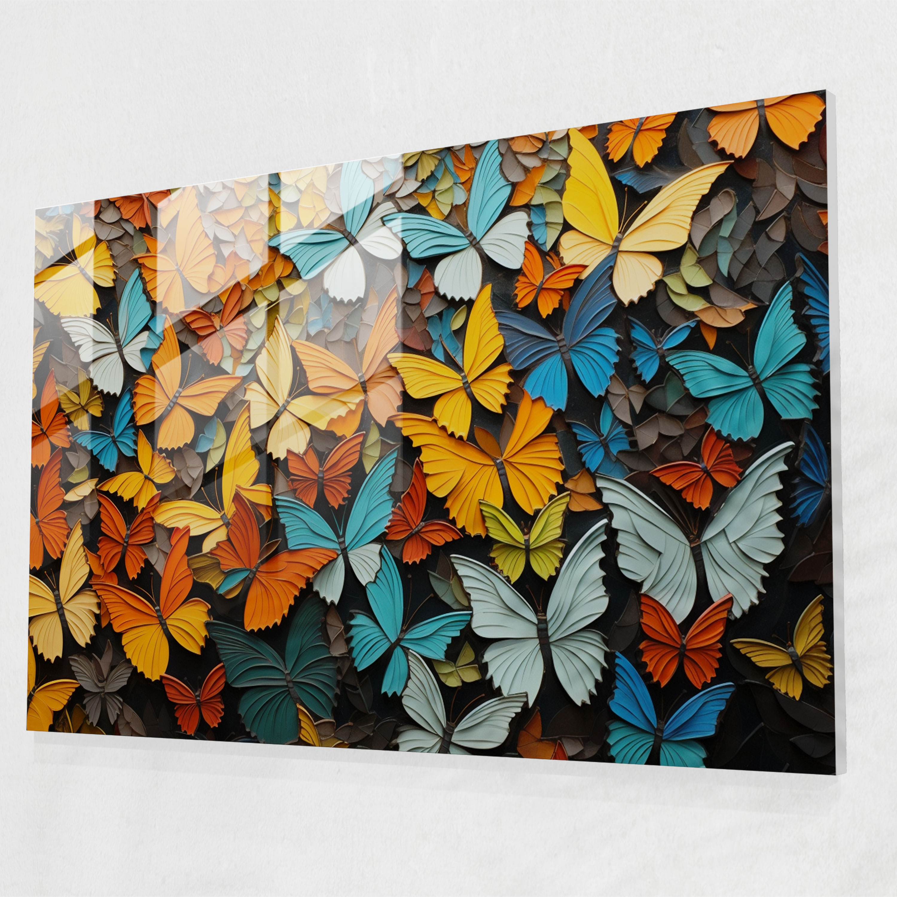 Geometric Butterfly Glass Print - Dried Butterflies, Intricate Pattern, Geometric Abstract Art, Glass Wall Art