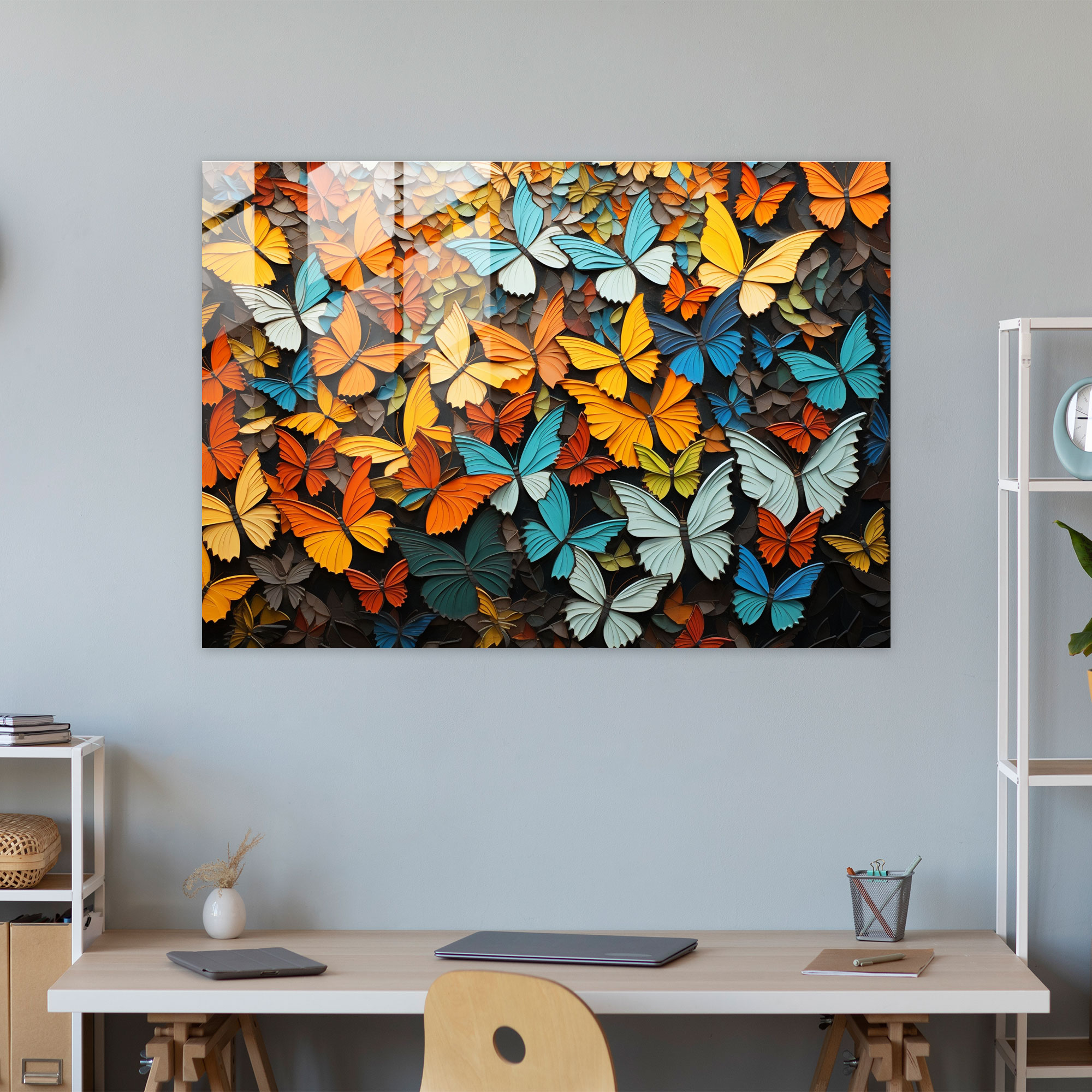 Geometric Butterfly Glass Print - Dried Butterflies, Intricate Pattern, Geometric Abstract Art, Glass Wall Art