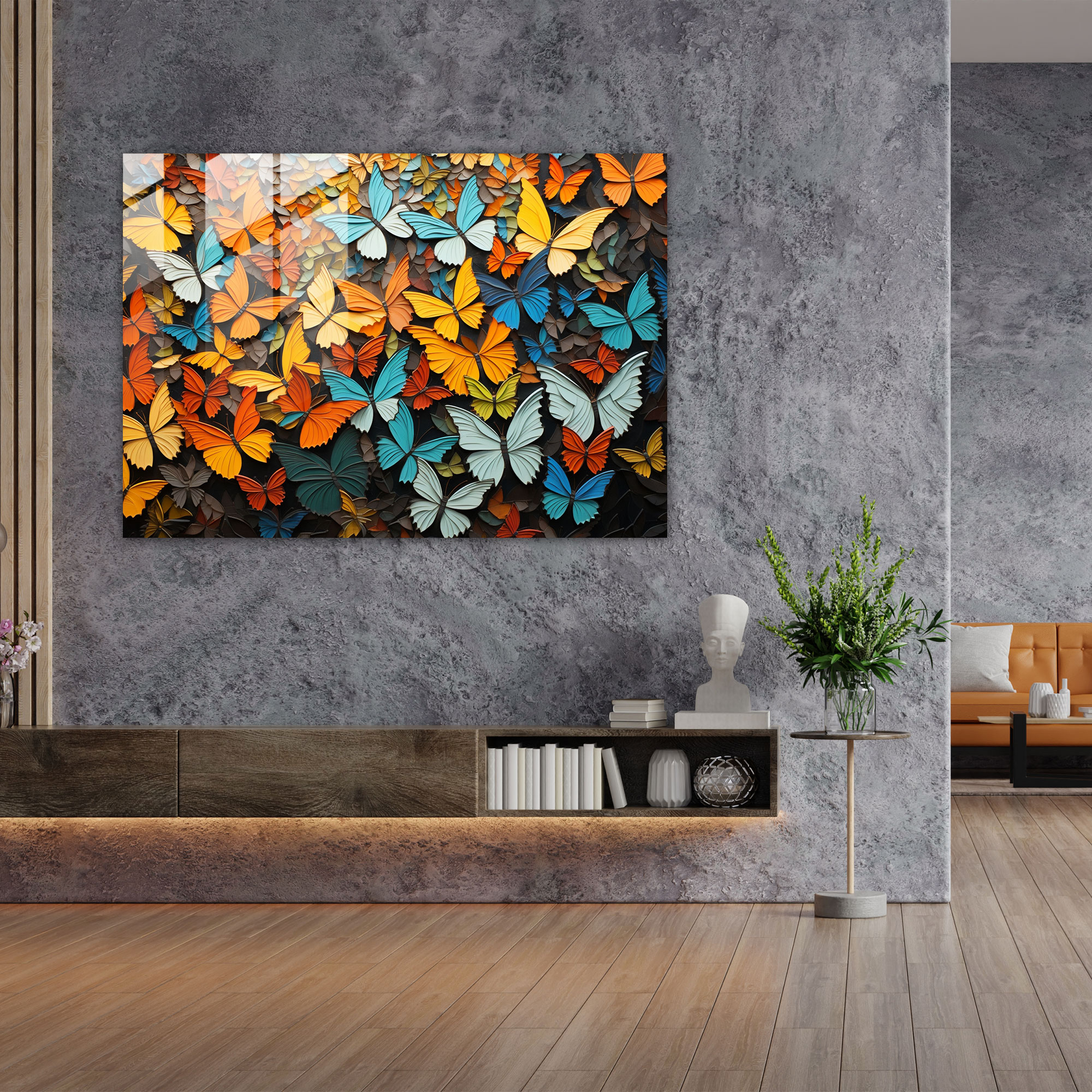 Geometric Butterfly Glass Print - Dried Butterflies, Intricate Pattern, Geometric Abstract Art, Glass Wall Art