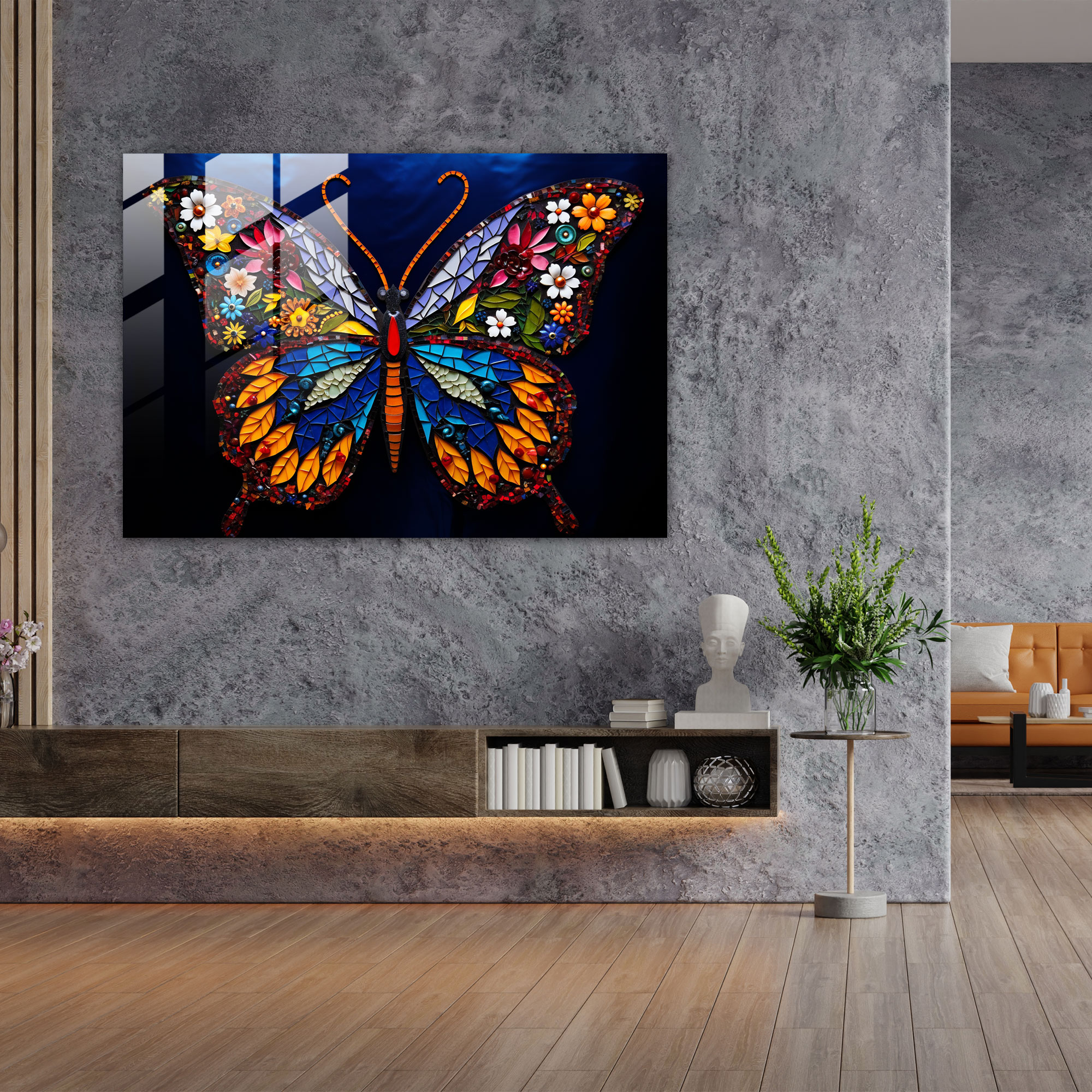 Mosaic Butterfly Glass Wall Art - Dried Butterflies, Vibrancy, Wall Decoration, Home Decoration