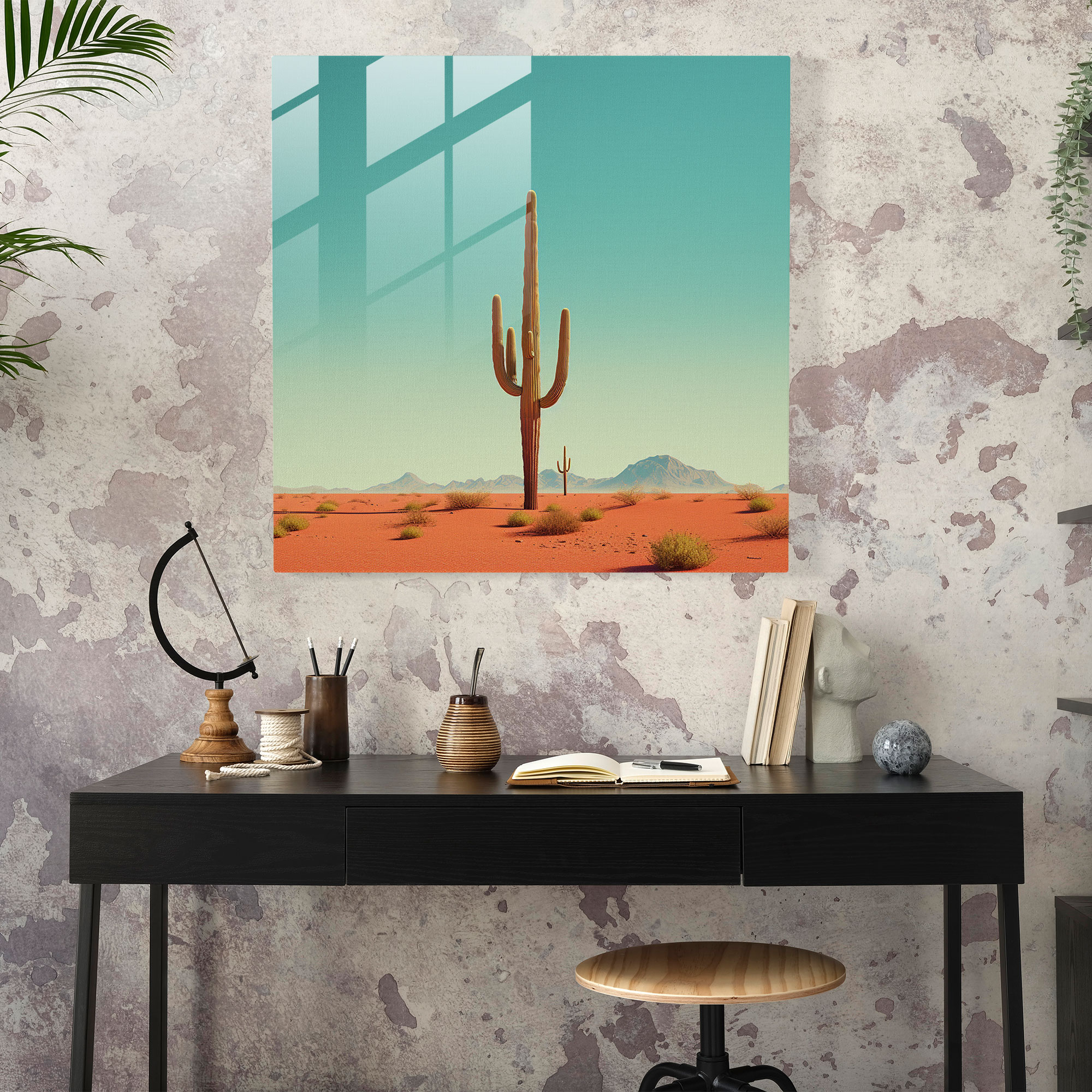 Desert Oasis Glass Print - Desert, Modern Art, Single Cactus, Wall Decoration