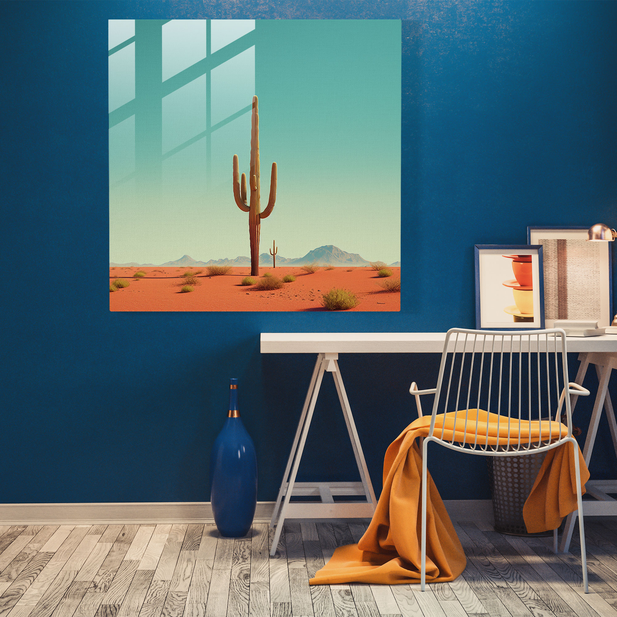 Desert Oasis Glass Print - Desert, Modern Art, Single Cactus, Wall Decoration