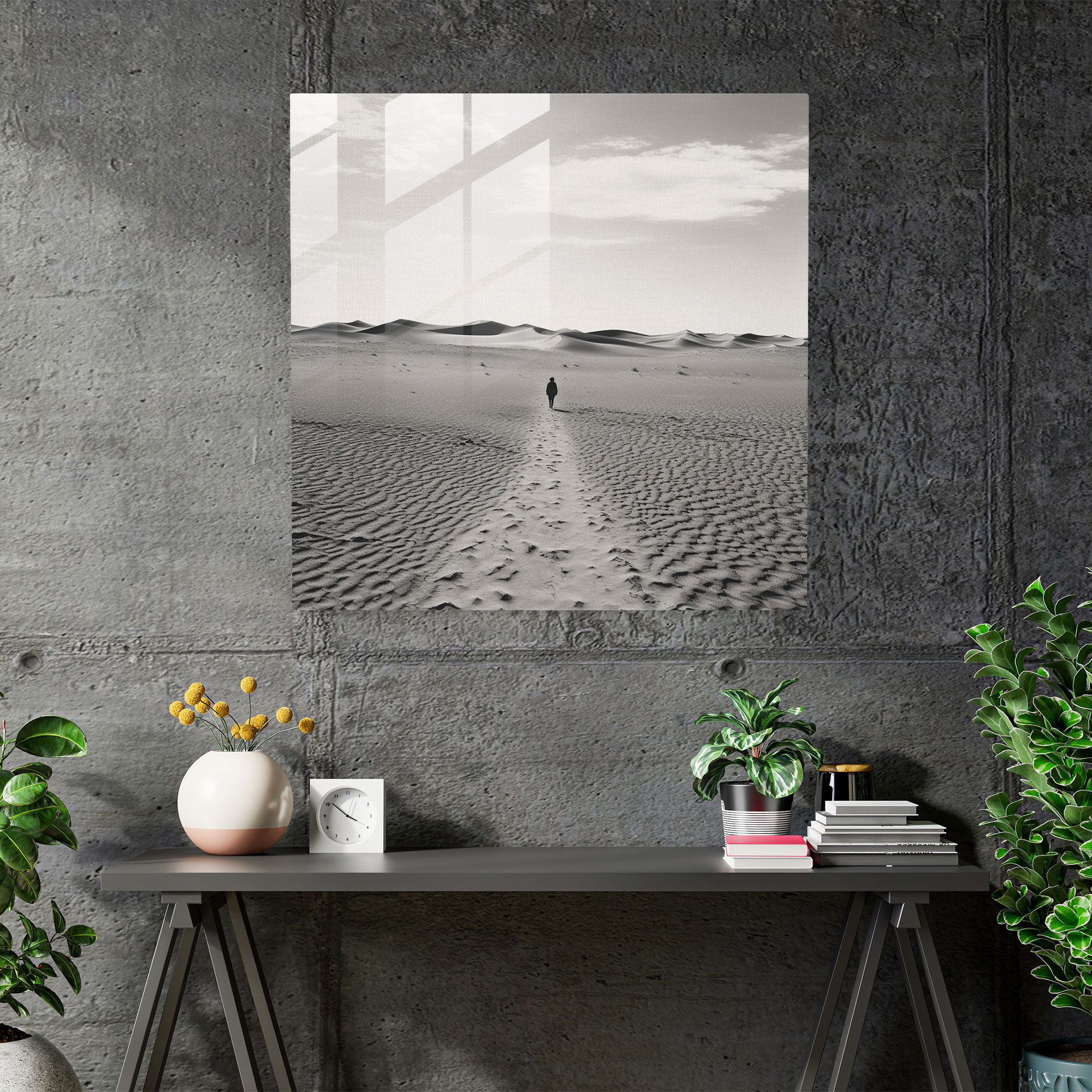 Desert Wanderer Glass Print - Desert, Black And White Photograph, Nostalgic Charm, Glass Print