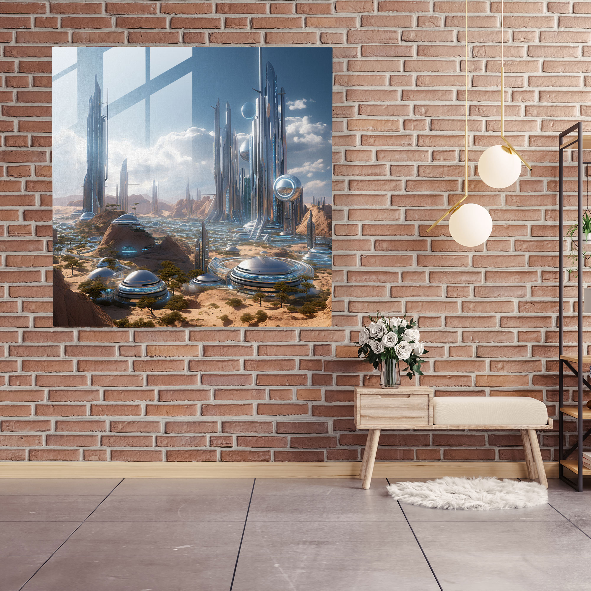 Desert Metropolis Glass Print - Desert, Futuristic, Desert, Home Decoration