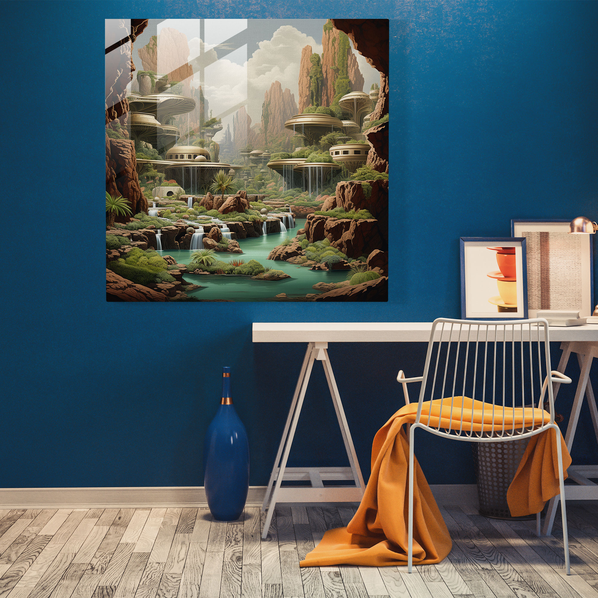 Mystical Deserts Glass Print - Desert, Cascading Waterfalls, Glass Art, Home Decoration