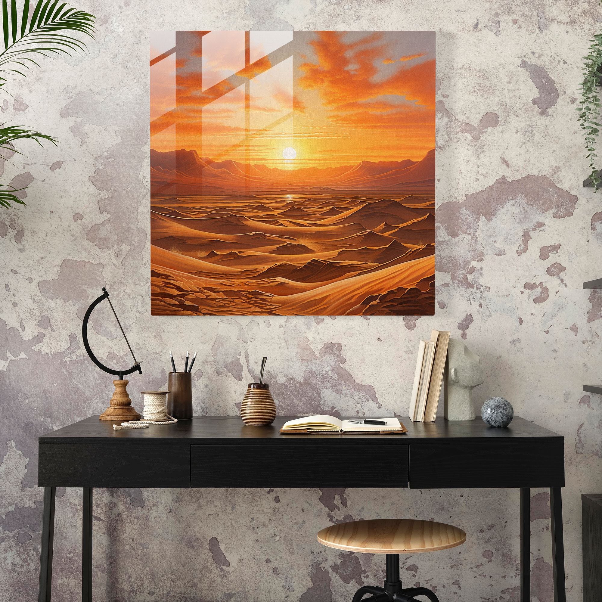 Sunset Mirage Glass Print - Desert, Home Decoration, Sunset Mirage Glass Print, Warm Hues