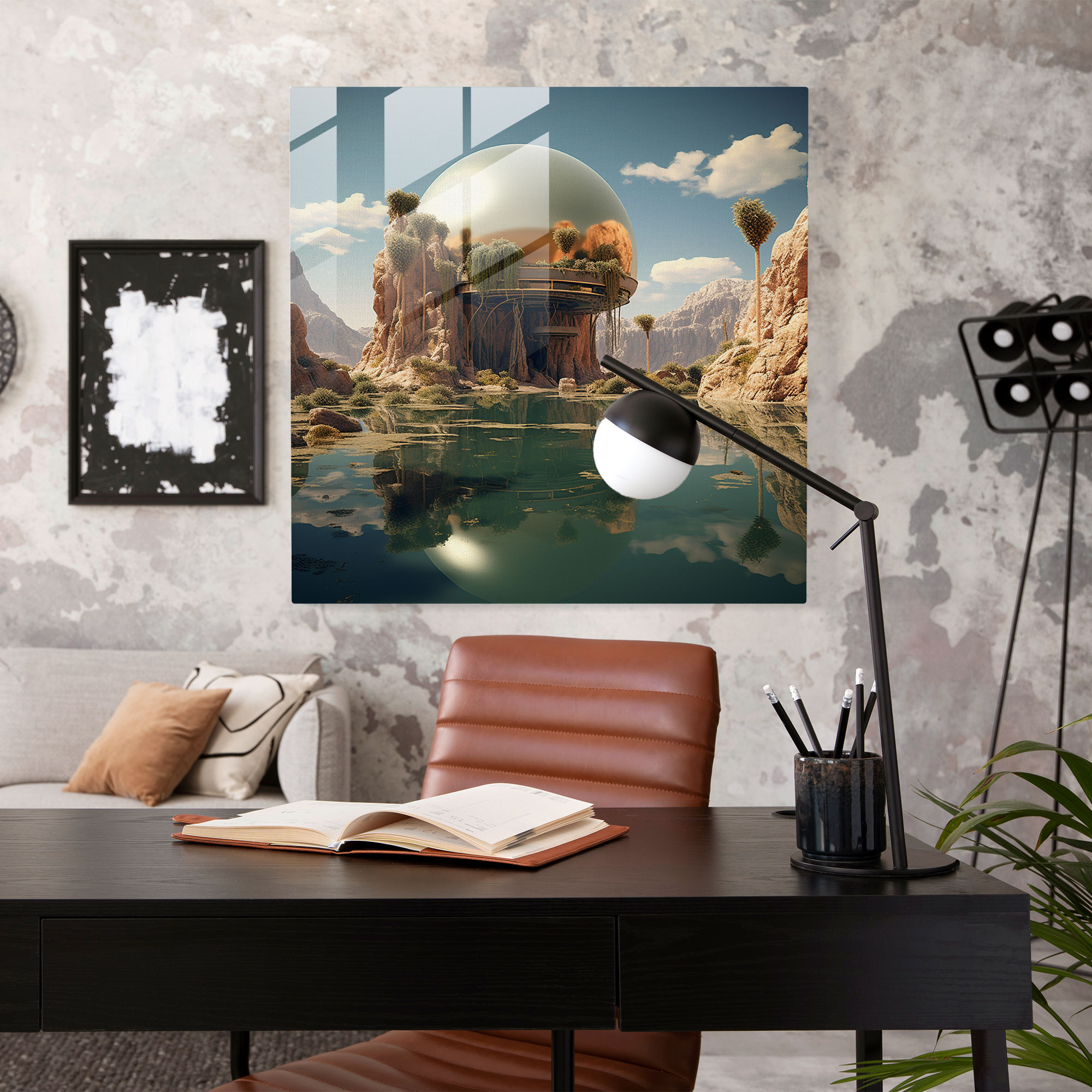 Floating Oasis Glass Print - Desert, Wall Decoration, Surreal Artwork, Floating Oasis