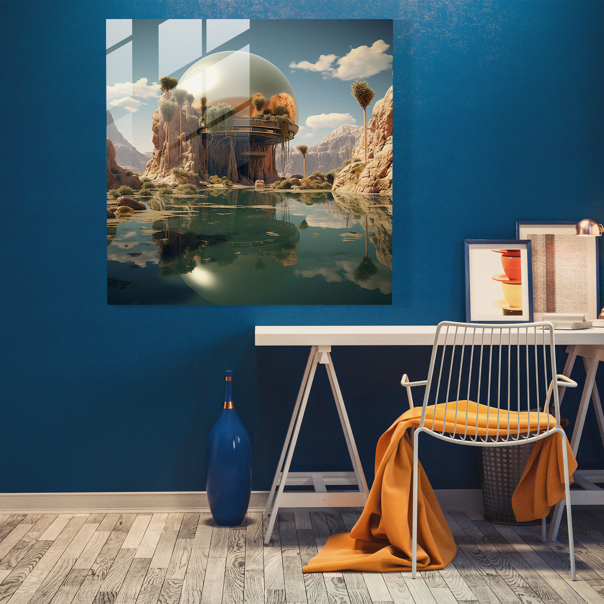 Floating Oasis Glass Print - Desert, Wall Decoration, Surreal Artwork, Floating Oasis