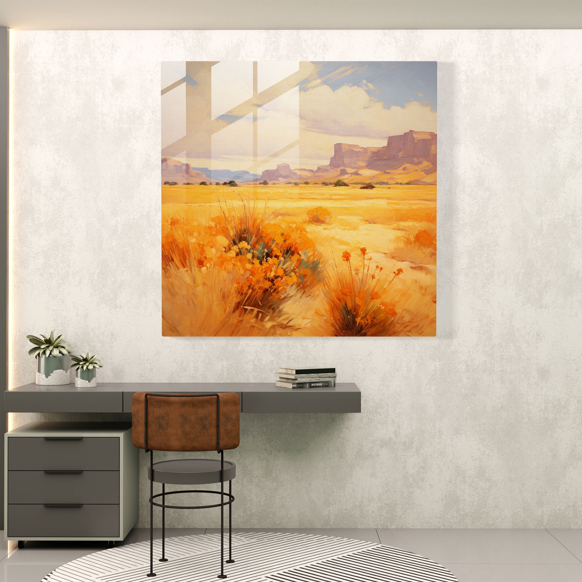 Sun-Drenched Serenity Glass Print - Desert, Home Decoration, Modern Art, Impressionist Painting