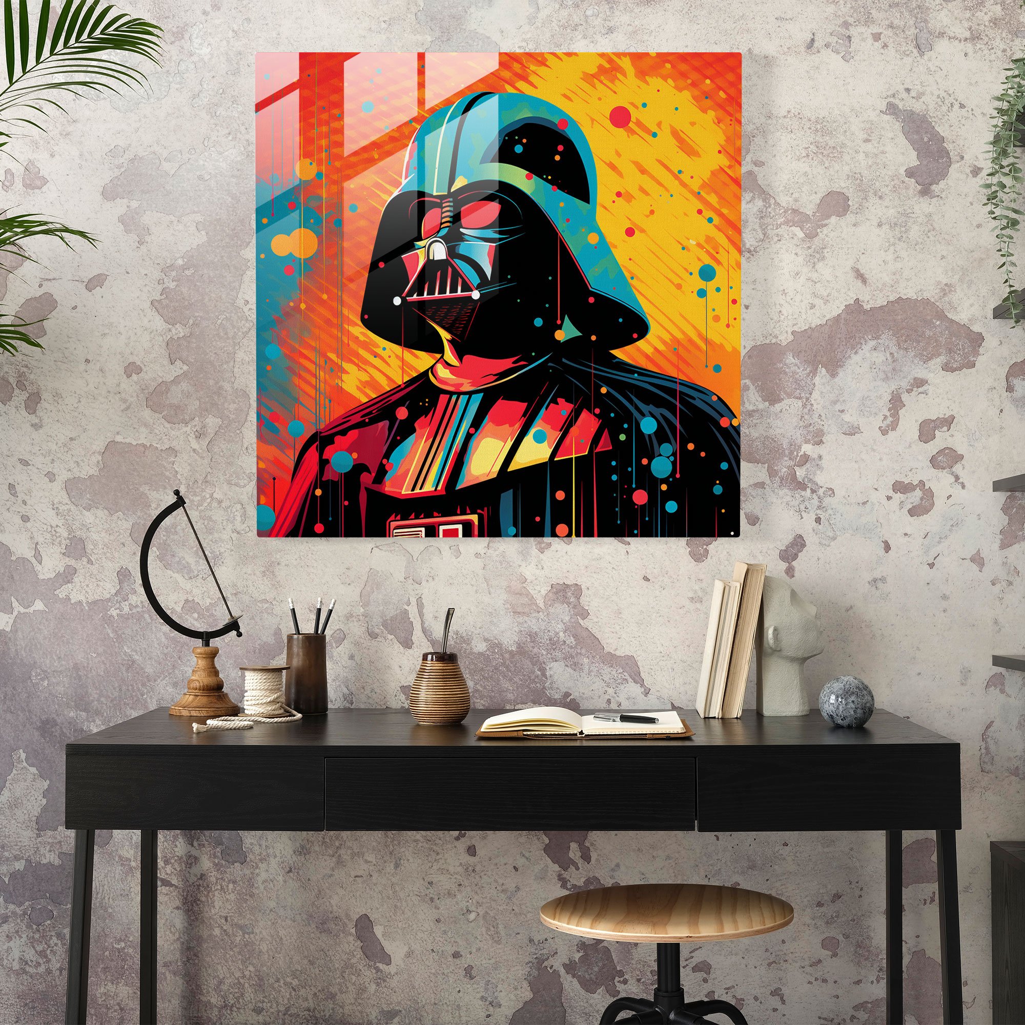 Pop Art Darth Vader Cam Tablosu - Darth Vader Yarım Ton Noktaları Modern Sanat Cam Sanatı