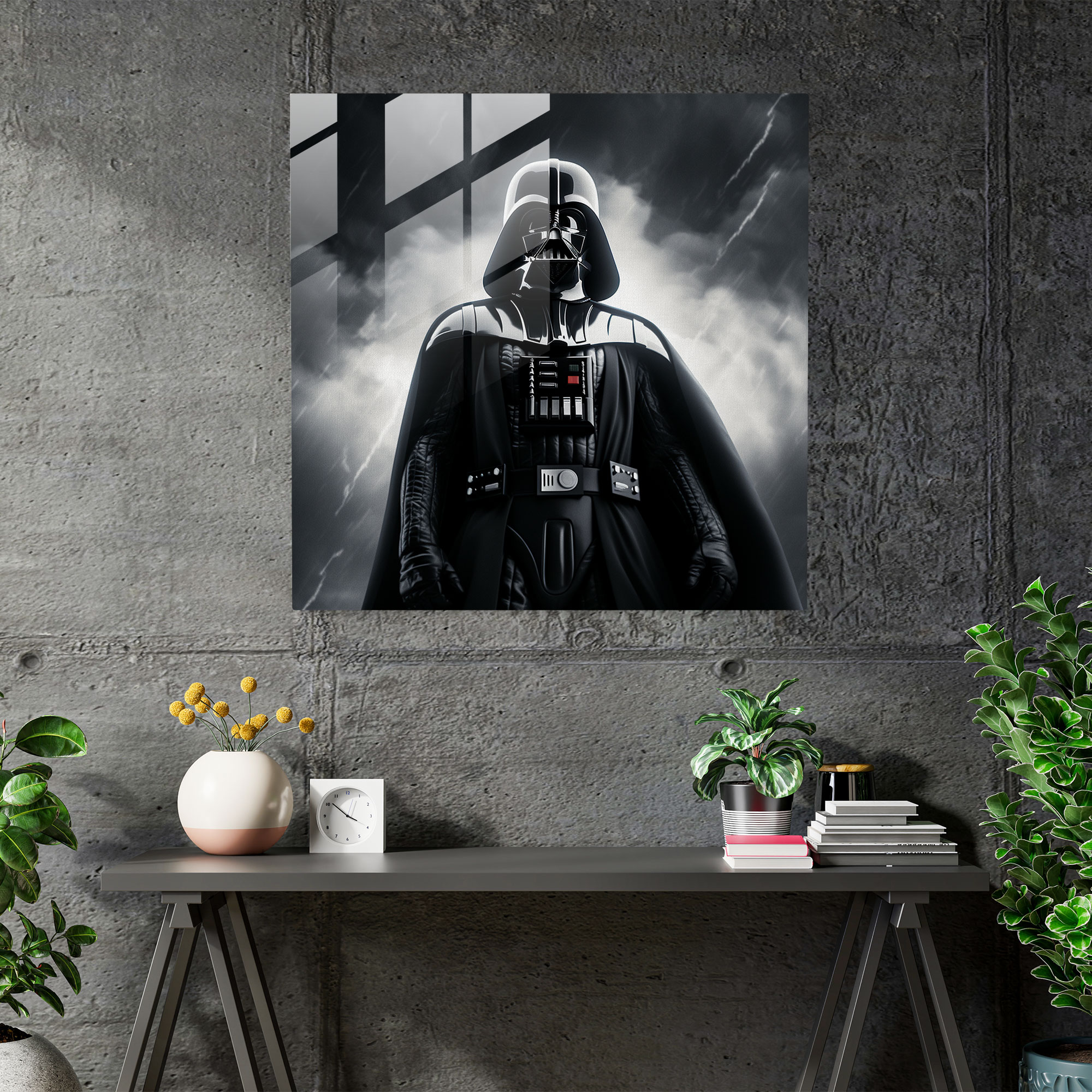 Black & White Glass Print - Darth Vader In Storm - Darth Vader, Home Decoration, Star Wars, Glass Print