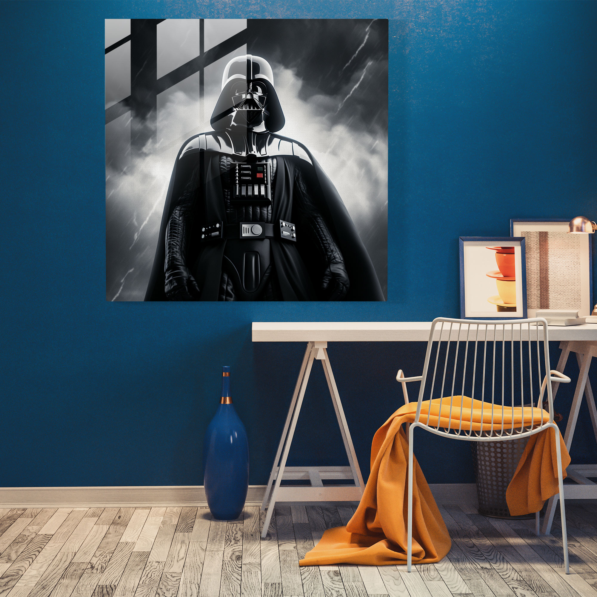 Black & White Glass Print - Darth Vader In Storm - Darth Vader, Home Decoration, Star Wars, Glass Print