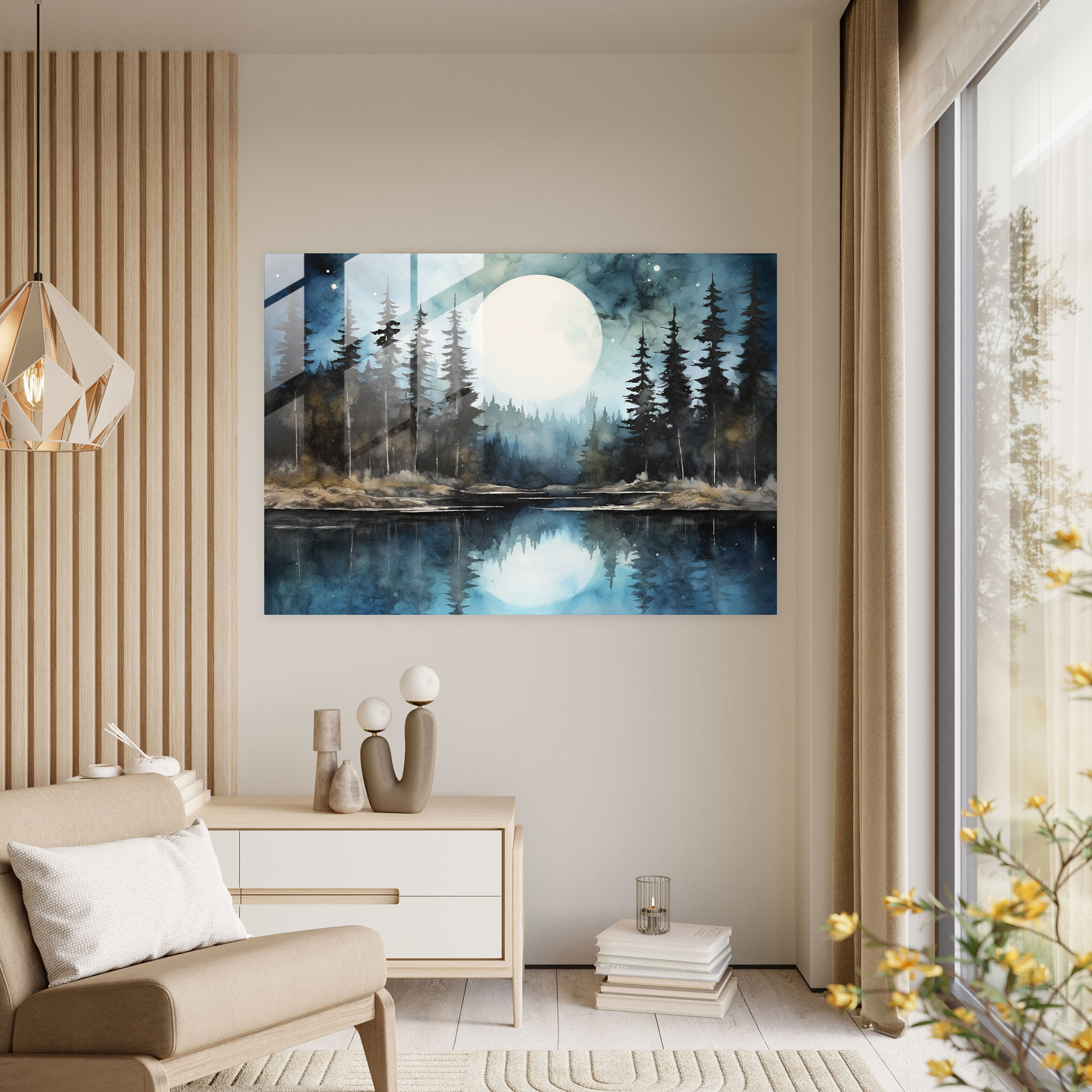 Moonlit Lake Glass Print - Earth, Abstract Painting, Serene Lake, Wall Decoration