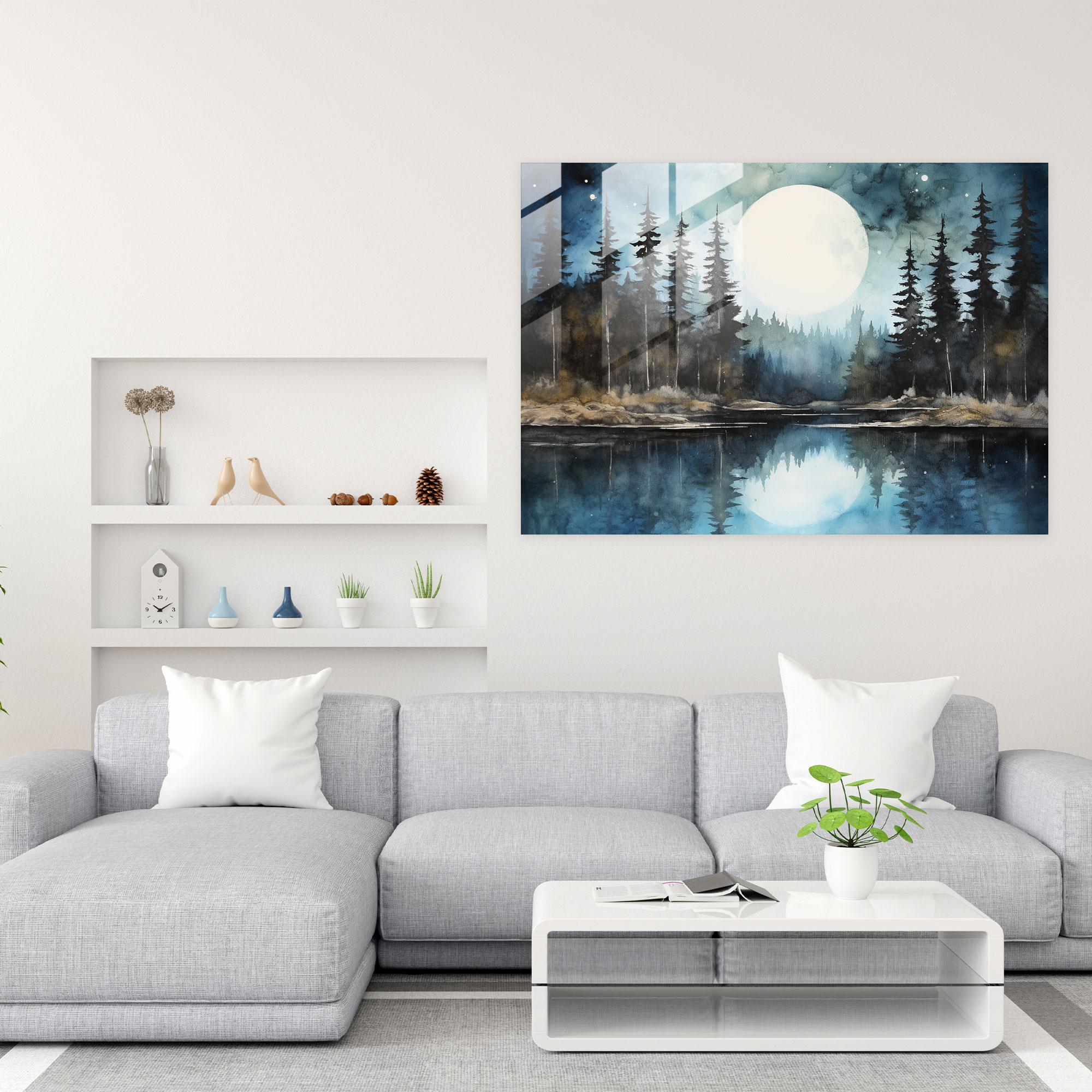 Moonlit Lake Glass Print - Earth, Abstract Painting, Serene Lake, Wall Decoration