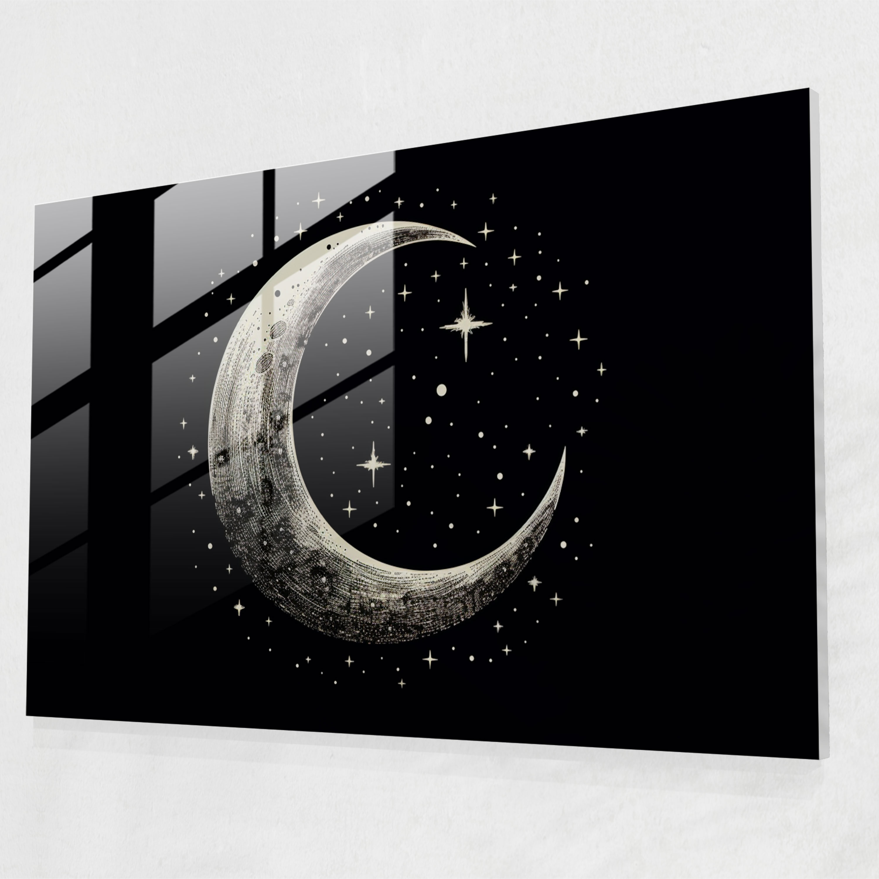 Crescent Moon Glass Wall Art - Earth, Wall Decoration, Night Sky, Stars