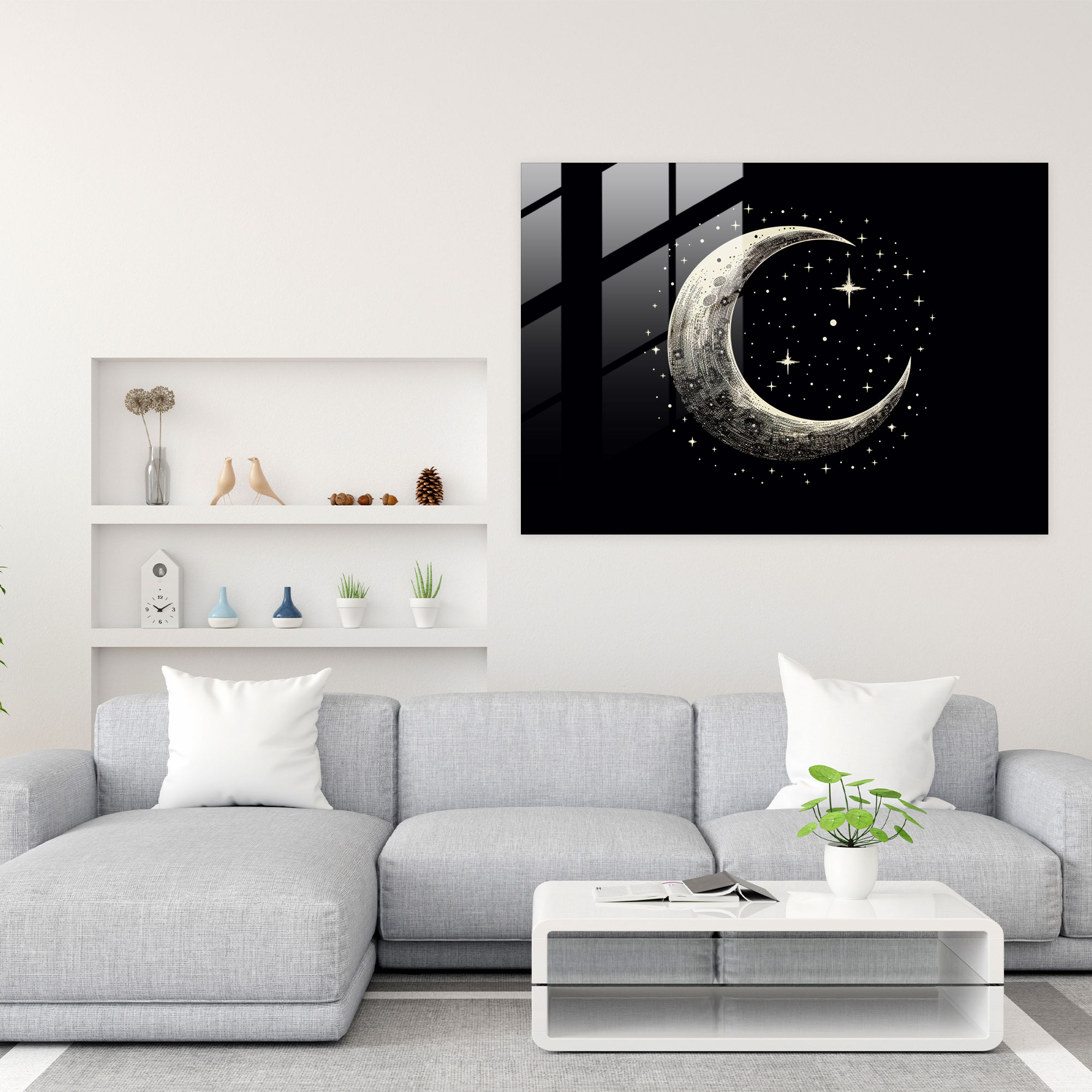Crescent Moon Glass Wall Art - Earth, Wall Decoration, Night Sky, Stars