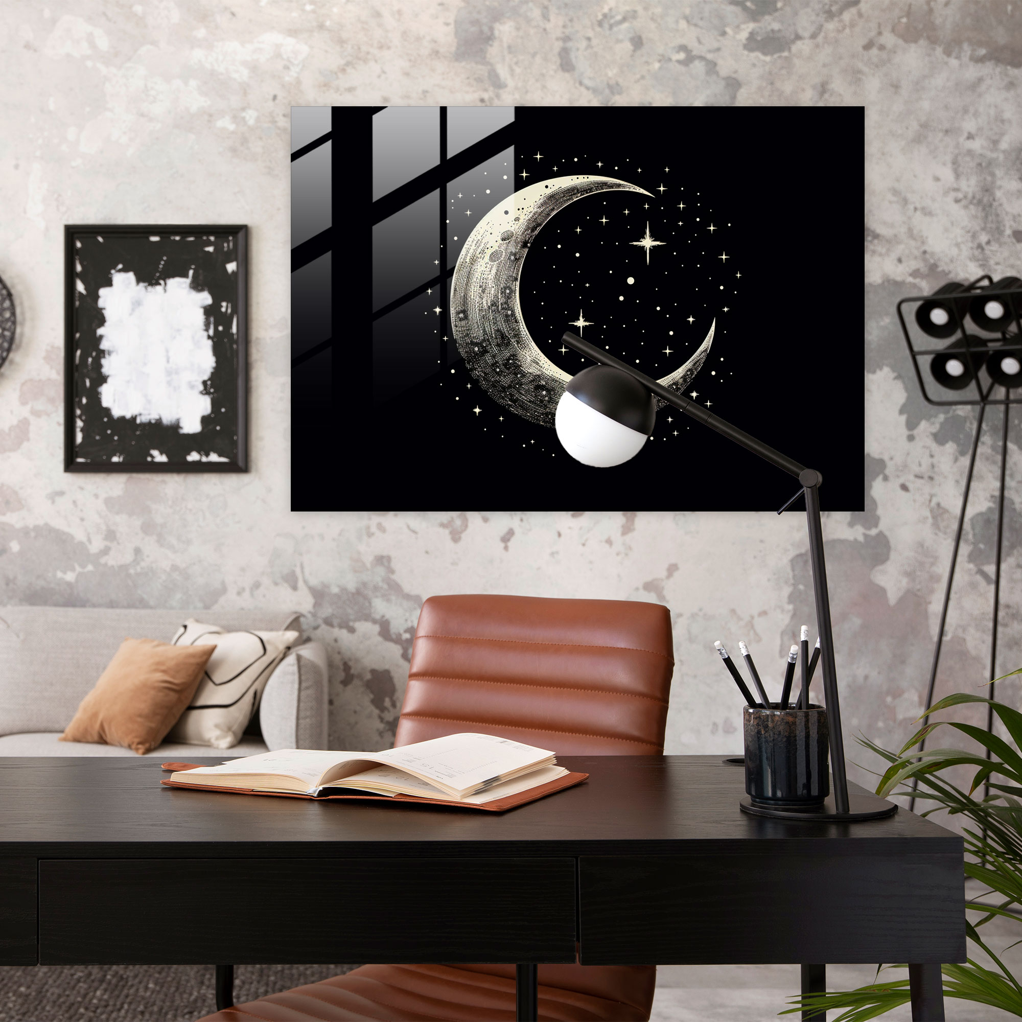 Crescent Moon Glass Wall Art - Earth, Wall Decoration, Night Sky, Stars