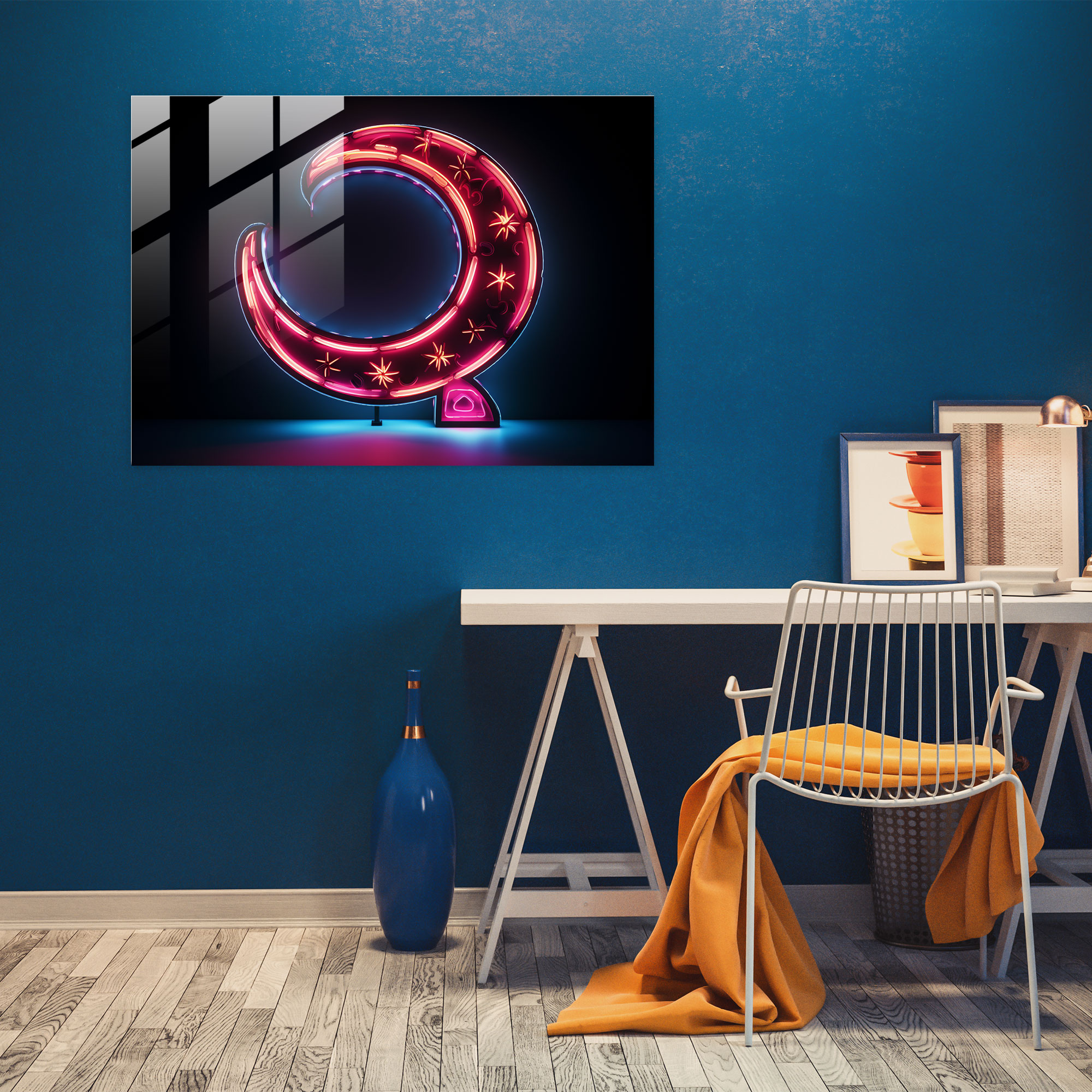 Inspiration Neon Moon Glass Wall Art - Earth, Moon, Home Decoration, Glass Print