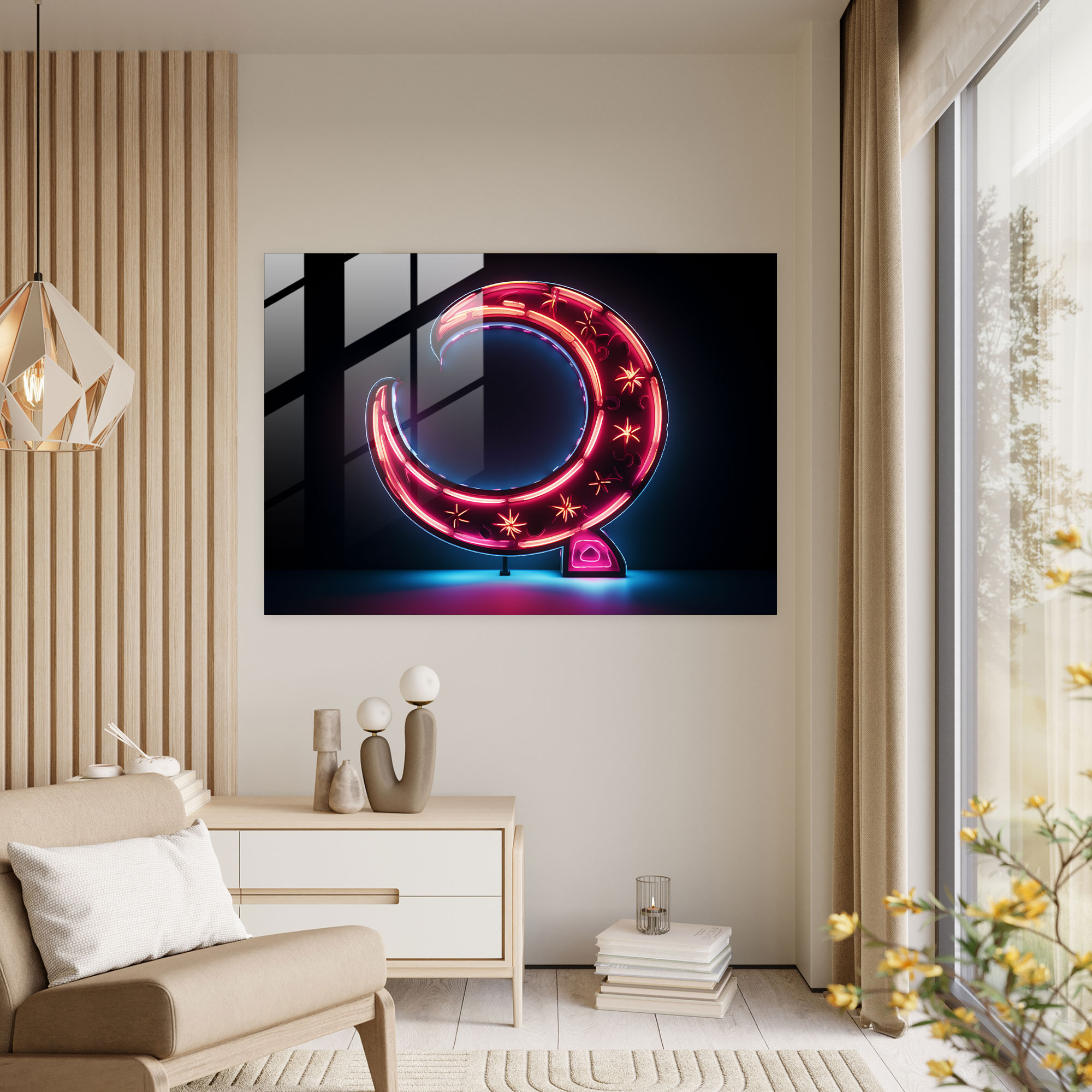 Inspiration Neon Moon Glass Wall Art - Earth, Moon, Home Decoration, Glass Print