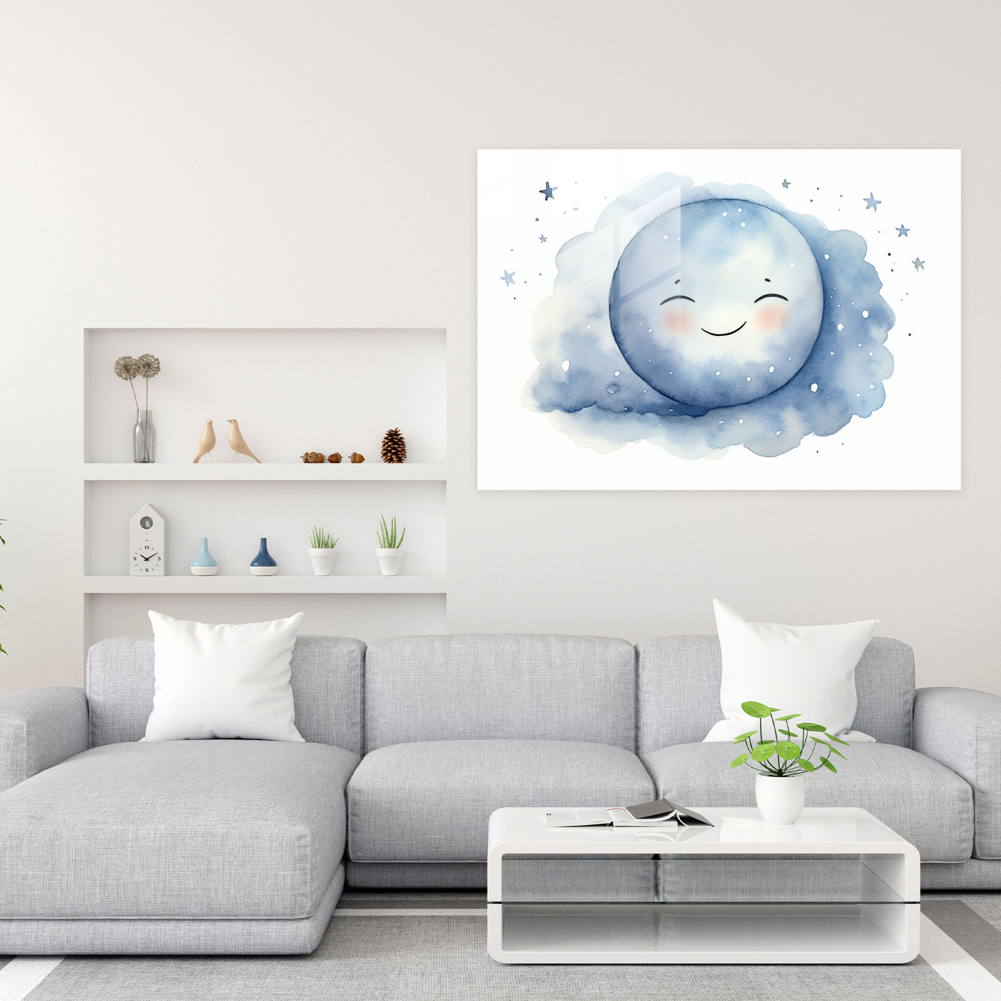 Smiling Moon Glass Wall Art - Earth, Home Decoration, Smiling Face, Adorable Moon